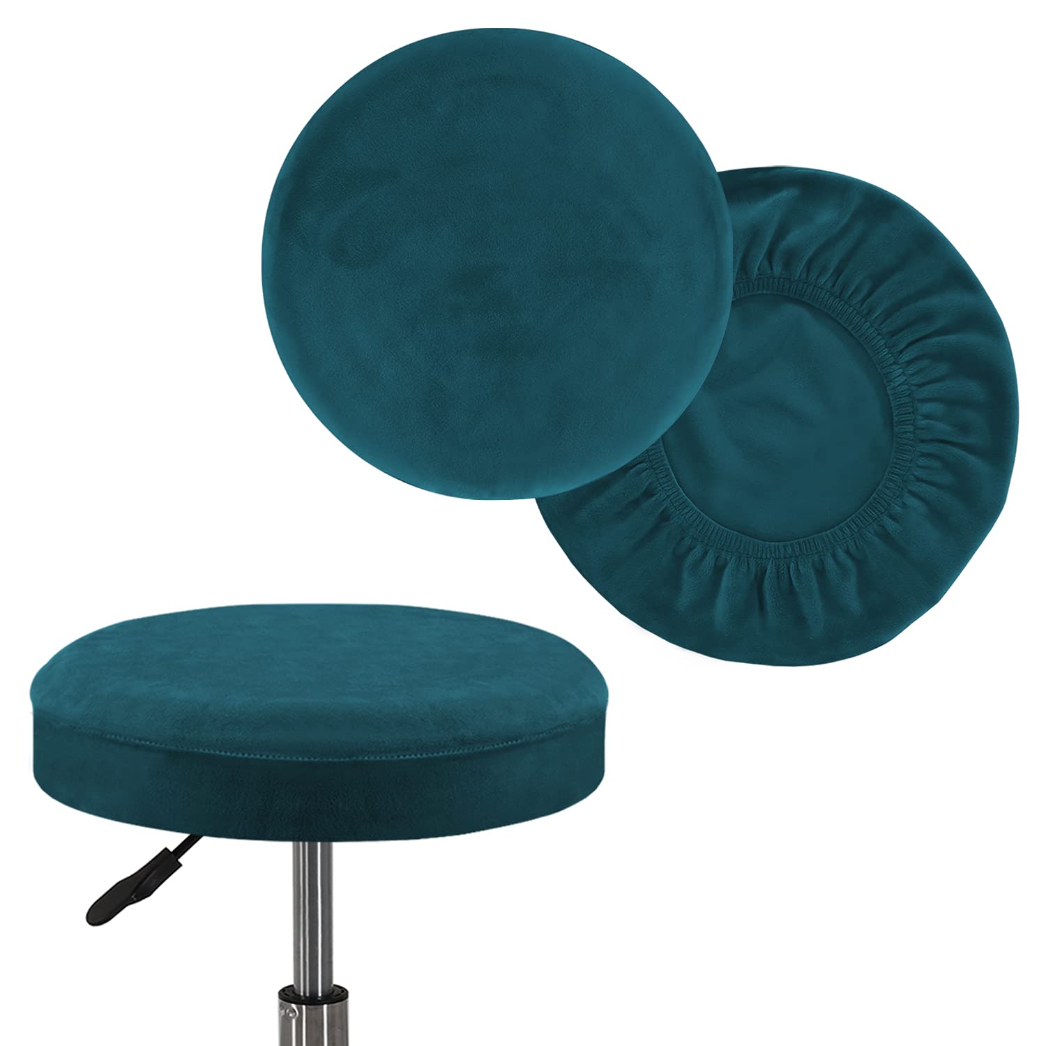 Round Bar Stool Covers - Super Soft Velvet and Washable Elastic Stool Cushion Slipcover for Dia.12-14" Chair, Set of 2 (Teal, Medium)