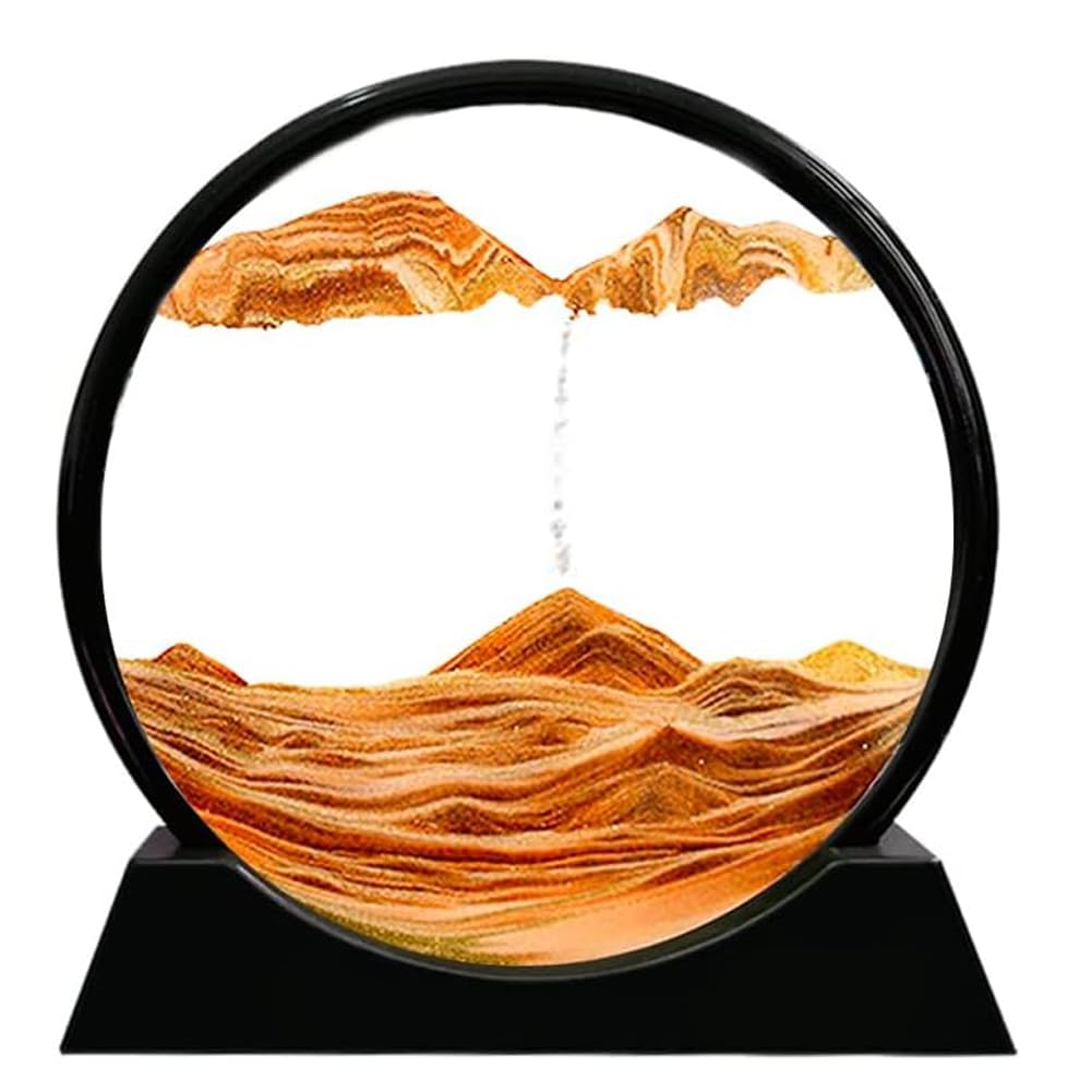 Sand Picture 3D Moving Sand Art Picture Deep Sea Sandscape Round Glass Frame Display Liquid Motion Flowing Sand Painting for Desktop Relaxing Decoration (Yellow)