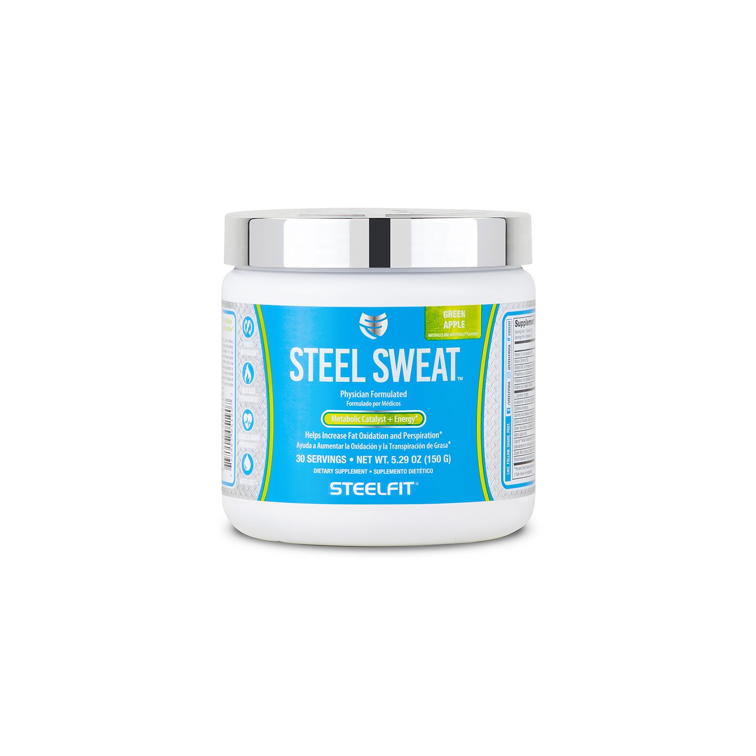 SteelFit Steel Sweat - Fat Burning Pre Workout - Boost Metabolism - Increase Energy - Burn Fat and Calories - Sweat More - Lose Water Weight - 30 Servings - Green Apple