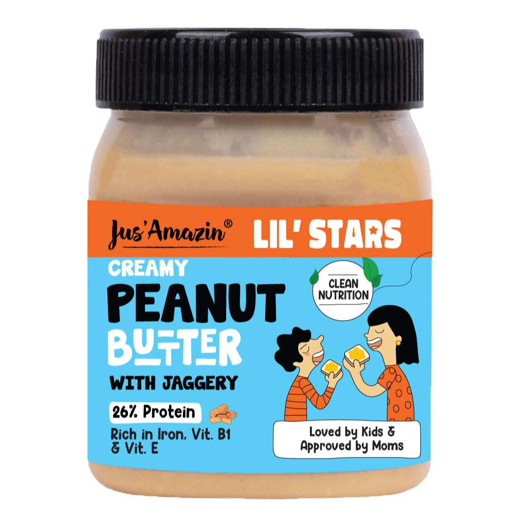 Jus' Amazin Lil Stars Peanut Butter with Jaggery (325g) | Yummy, Clean & Nutritious Peanut Butter for Kids | 90% Peanuts, mildly sweetened with Jaggery | No Hydrogenated Fats, No Refined Sugar, No Chemicals | Clean Nutrition | Dairy-Free