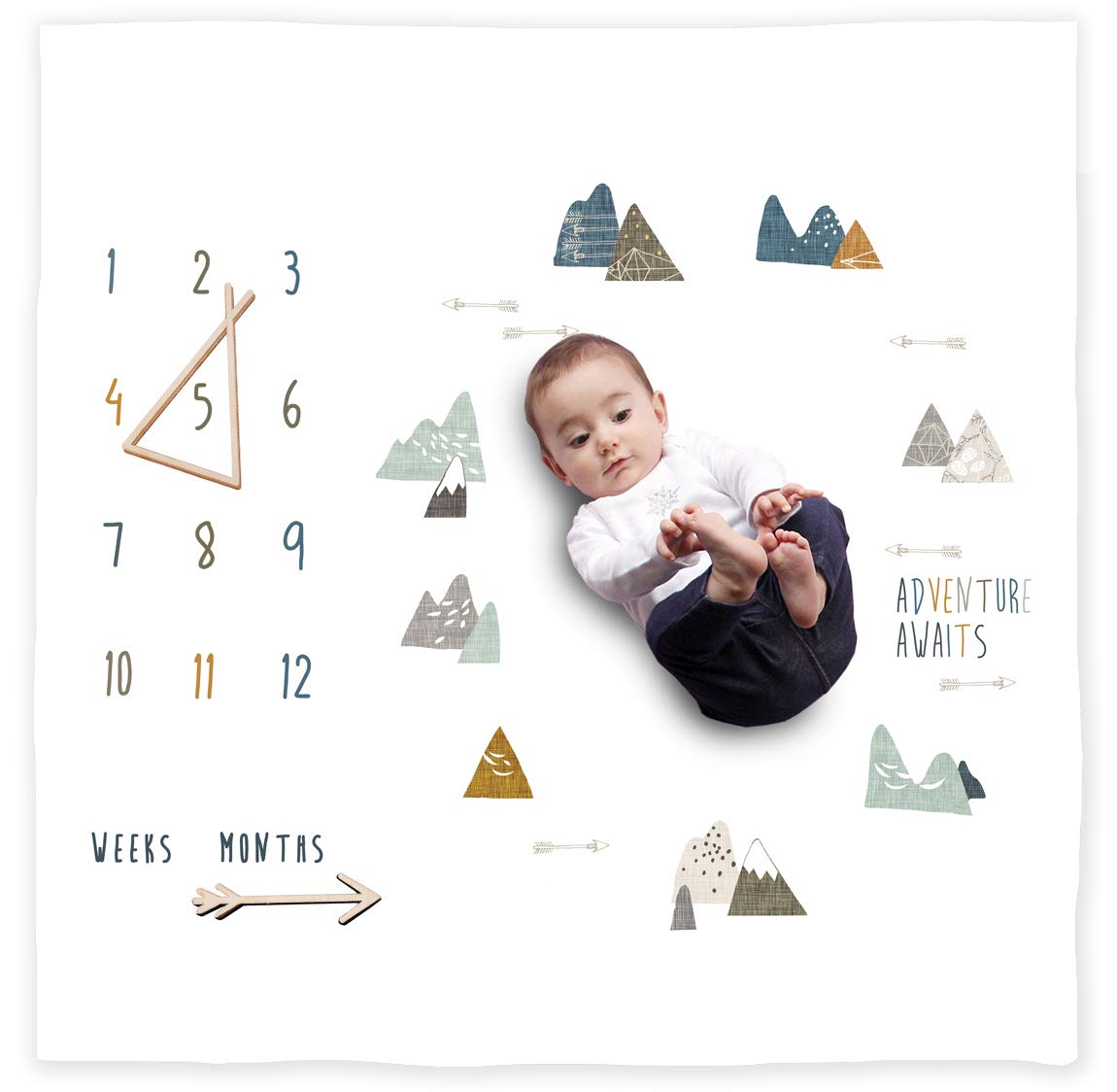 Miaoberry Organic Baby Monthly Milestone Blanket Newborn Boy| Boho Mountain Nursery Baby Month Picture Blanket| Baby Growth Photography Background Prop| Markers Wood Birth Announcement Card