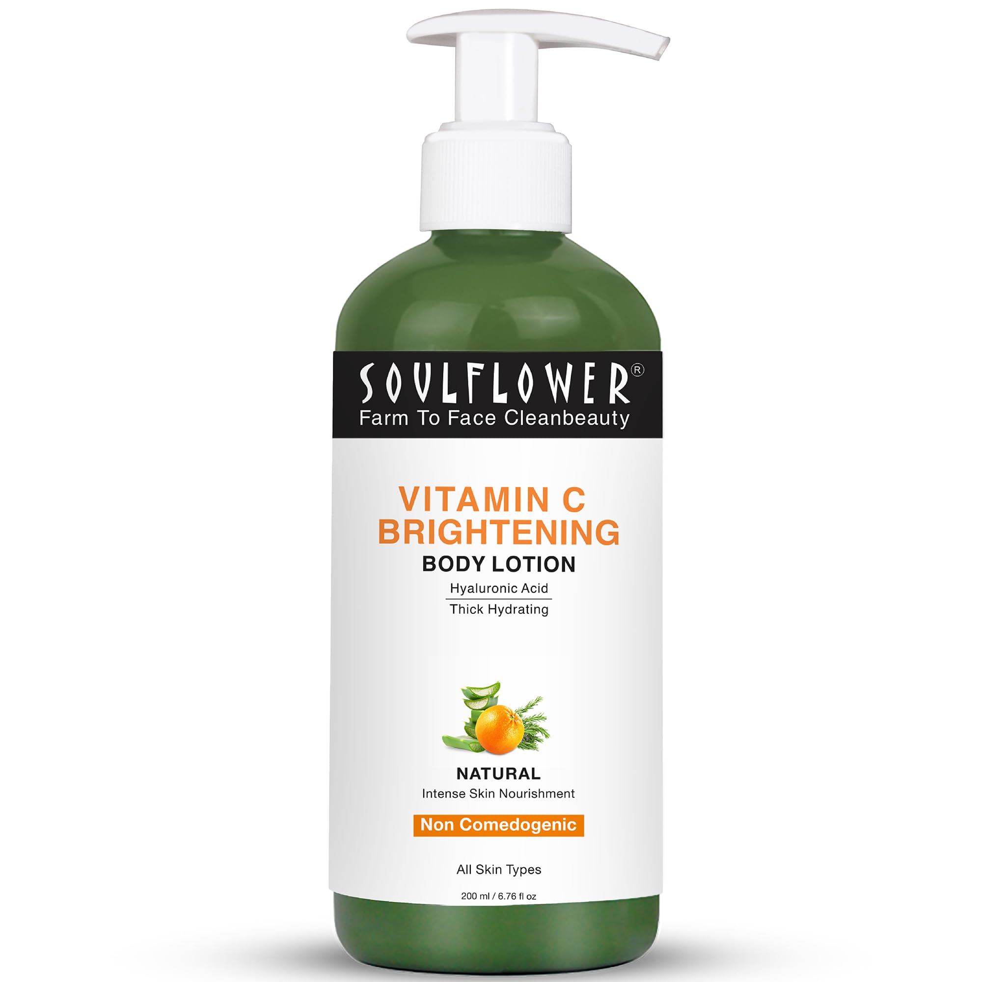 Soulflower Vitamin C Body Lotion with Hyaluronic Acid for Natural UV Protection, Dark Spots reduction, skin Nourishment, Brightning, Hydration for All Skin Types | Light weight & non-sticky | 200ml