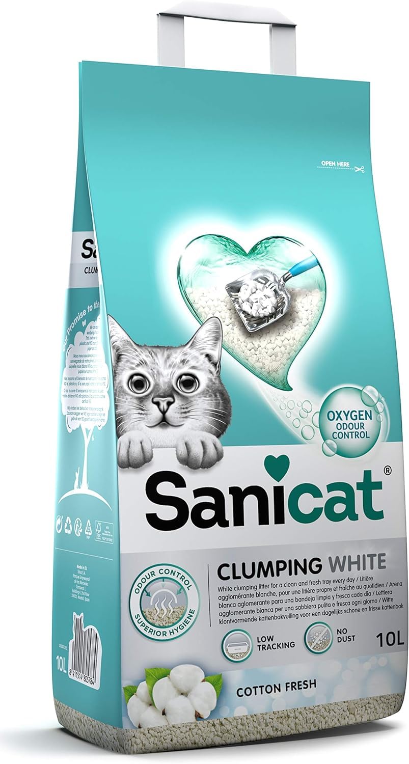 Sanicat - White - Cotton Fresh Ultra Clumping cat litter | Made of natural minerals with guaranteed odour control | Absorbs moisture and makes cleaning easier | 10 L capacity