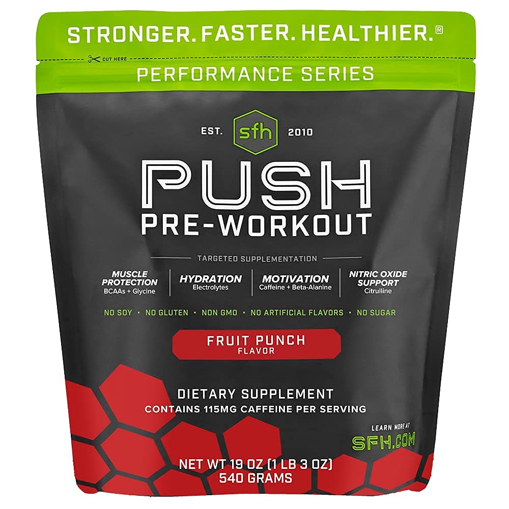 SFHPush Pre-Workout Powder (Fruit Punch) BCAAs for Muscle Repair | Electrolytes | Non-Dairy, No Artificial Flavors, Colors, Sugar, Soy, Gluten, or GMOs (Bag)