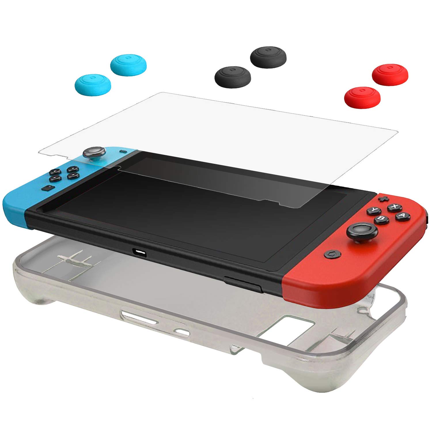 CamKix Compatible Protection Kit Replacement for Nintendo Switch: 1x Silicone Sleeve TPU Cover (Black), 1x Anti Scratch Screen Protector and 6x Thumb Grip Cap (2x Red, 2x Blue and 2x Black)