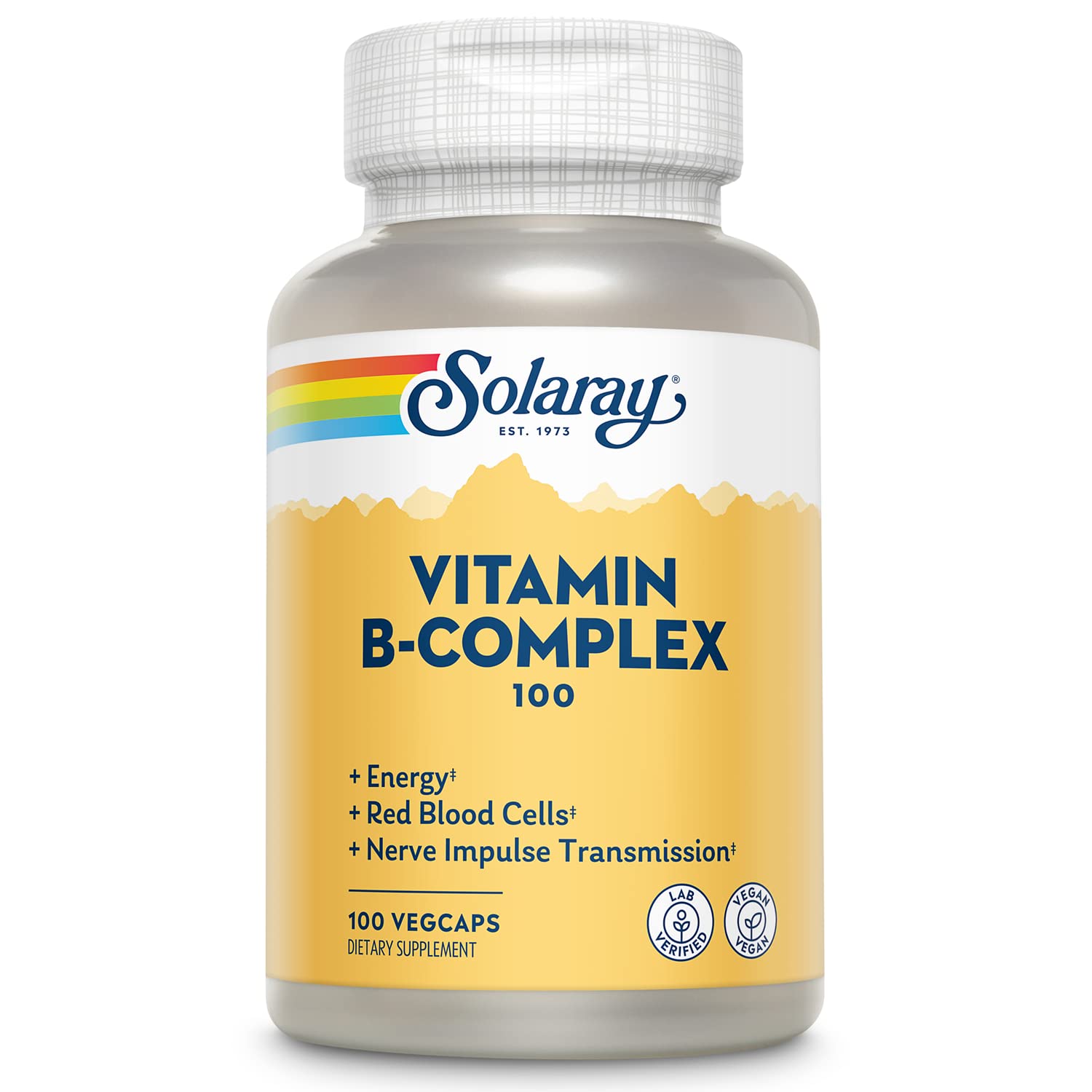 SOLARAY Vitamin B Complex, Healthy Energy Supplement, Red Blood Cell Formation, Nerve & Immune Support, Super B Complex Vitamins with Folic Acid, Vitamin B12, Vitamin B6 & More, Vegan, 100 VegCaps