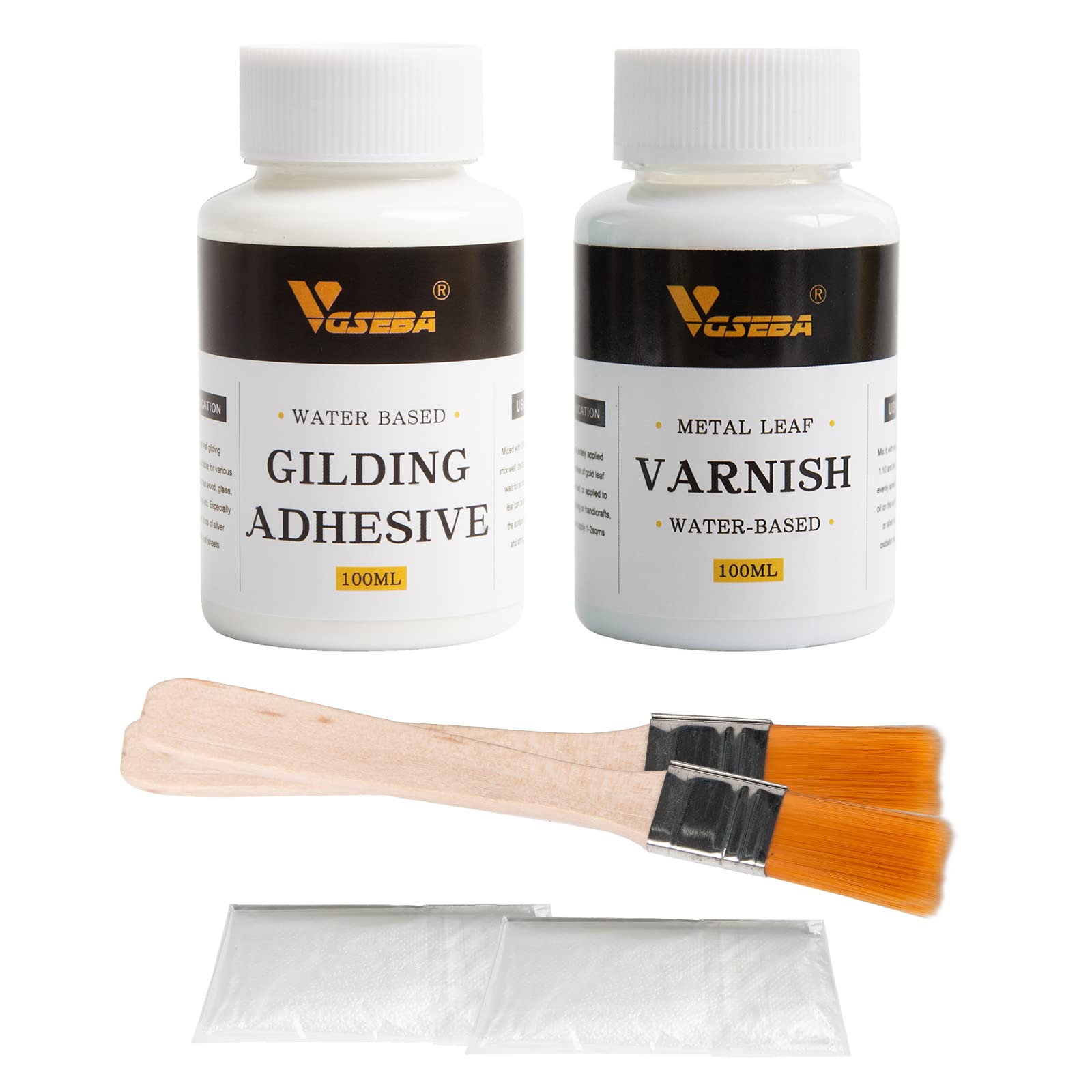 Gold Leaf Adhesive, 6.8oz Gilding Adhesive Set, Metal Leaf Glue and Varnish for Foil Transfer Sheets, Decor Foil, Arts Use (200ml + 2 Brushes + 2 Gloves)