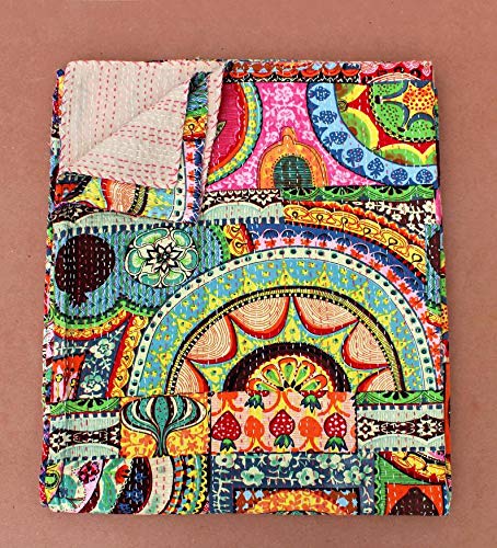 Fashion Hub Textile Work Creations Cotton Patchwork Floral Hand Printed Kantha Patch Design Bedding Quilt (Multicolour, 60x90 Inch)