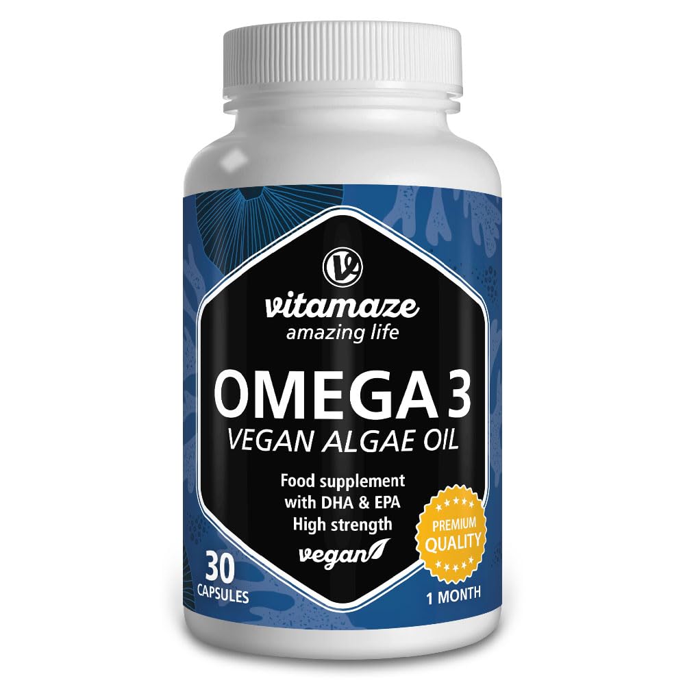 Omega 3 Vegan High-Dose, 1 Capsule per Day, 1080 mg of Algae Oil with 375 mg DHA & 125 mg EPA for 1 Month