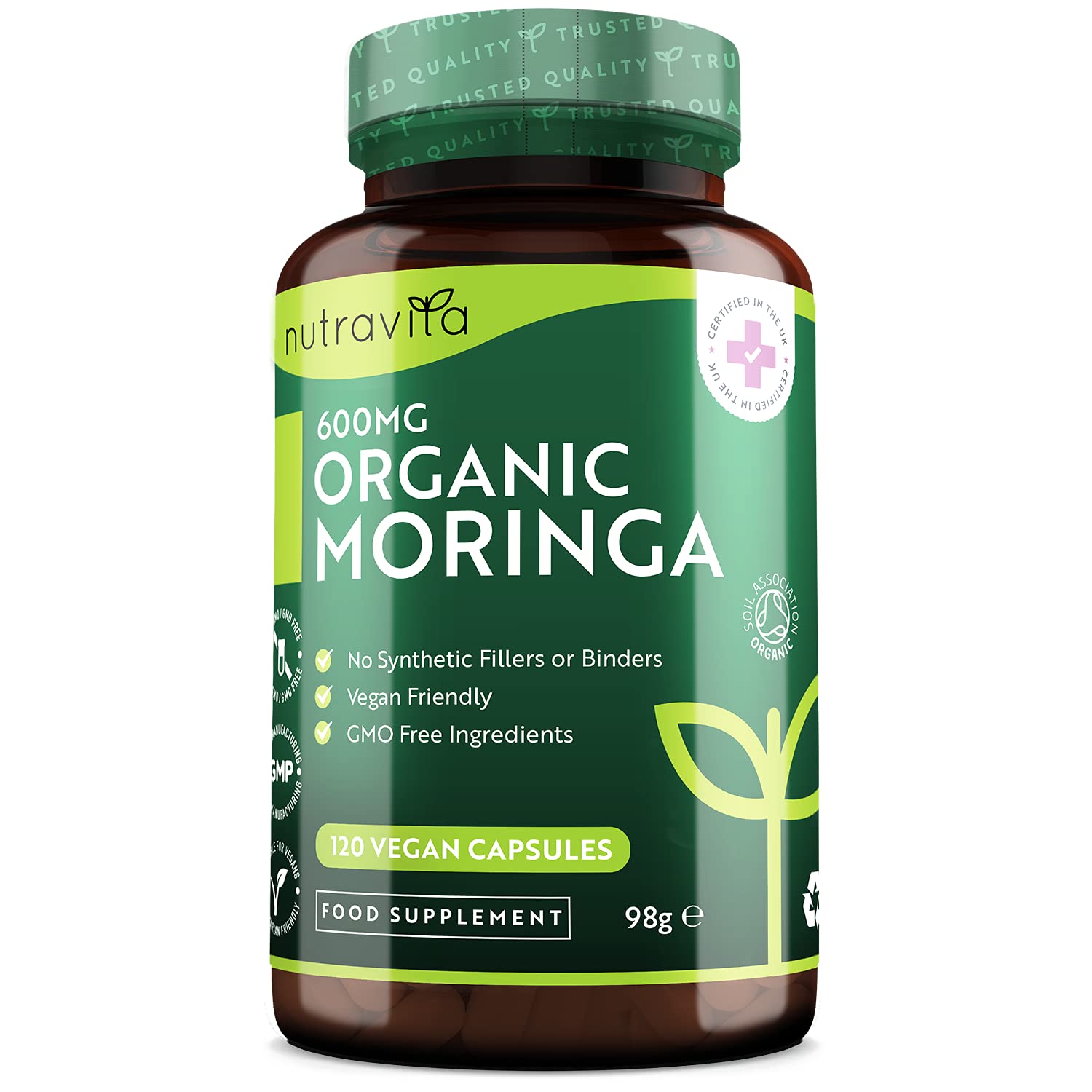 Organic Moringa 600mg per Capsule - Moringa Oleifera Leaf Supplement - 120 Vegan Capsules - 4 Month Supply - No Synthetic Binders or Fillers - Made in The UK by Nutravita