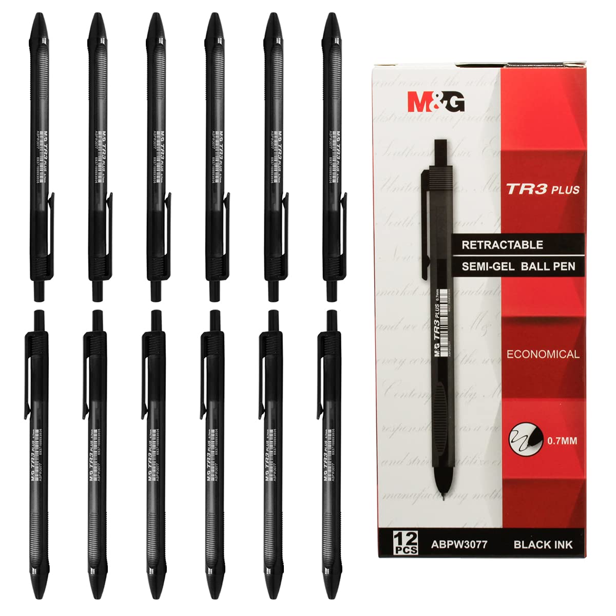 M&G TR3 Plus Semi Gel Ballpen, Black Pens For School Retractable Ball Pen Ergonomic Pen Pocket Clip Writing Pen Lightweight Pen (12pcs, 0.7mm Black Pen)