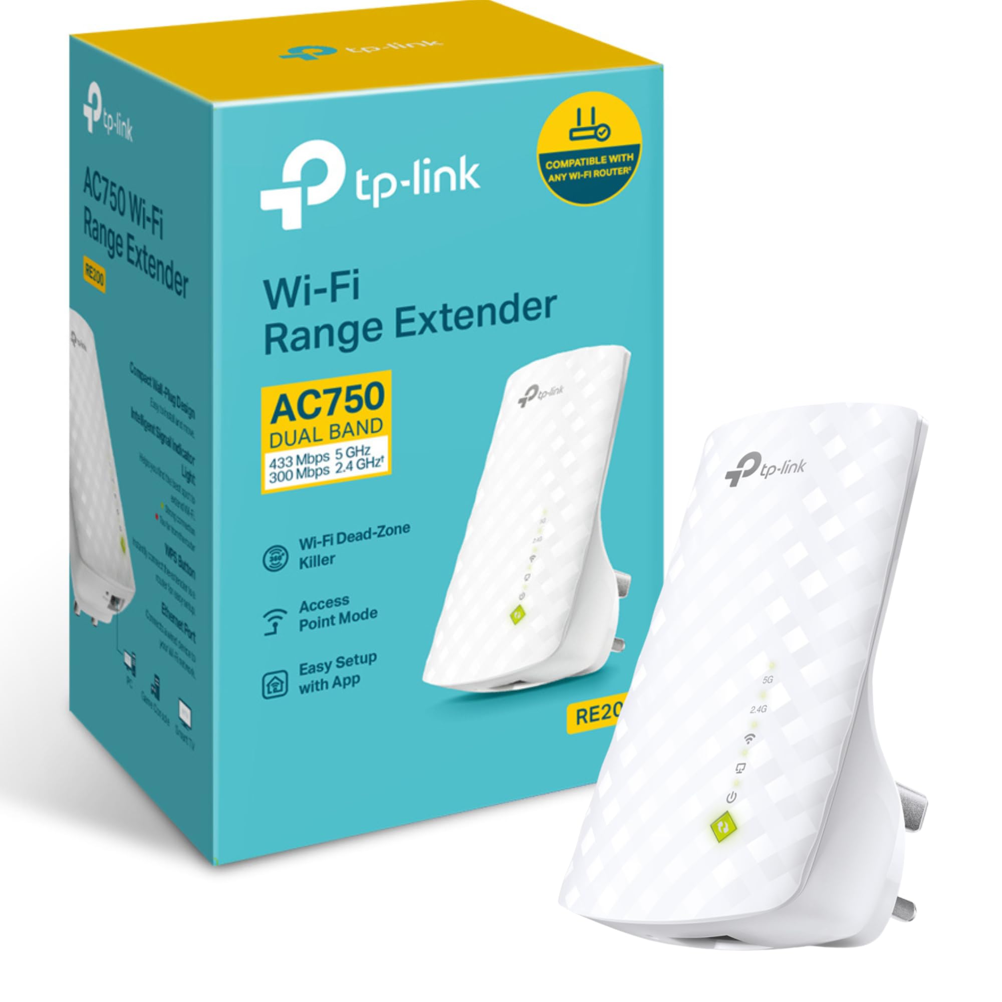 TP-Link RE200 AC750 Universal Dual Band Range Extender, Broadband/Wi-Fi Extender, Wi-Fi Booster/Hotspot with Ethernet Port, Plug and Play, Smart Signal Indicator, UK Plug