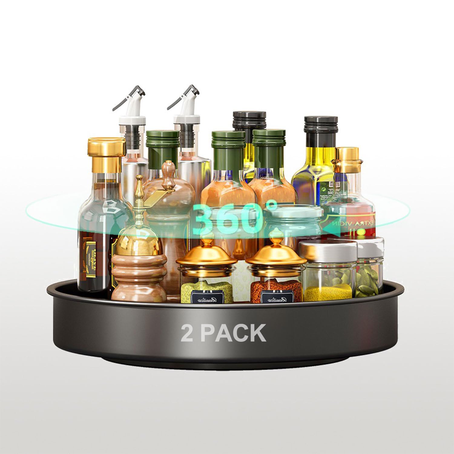 devesanter Lazy Susan Turntable 2 Pack 360° Rotating Storage Rack Rotating Spice Rack, Multi-Functional Spice Rack for Kitchen Storage and Organization (Metal Steel Black 12.4in+10.03in)