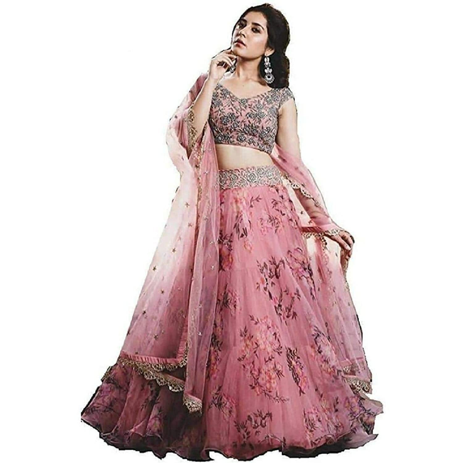 Women's Net Printed Semi Stictehd Lehenga Choli