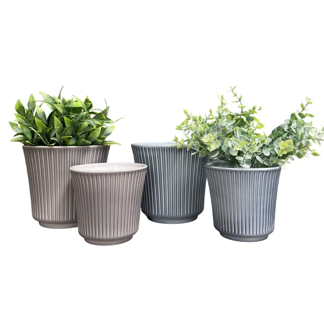 Tierra Garden Delphi 4-Piece 6.3" Dia. and 4.7" Dia. Indoor Ceramic Plant Pot Set - Blue-Gray and Warm Gray