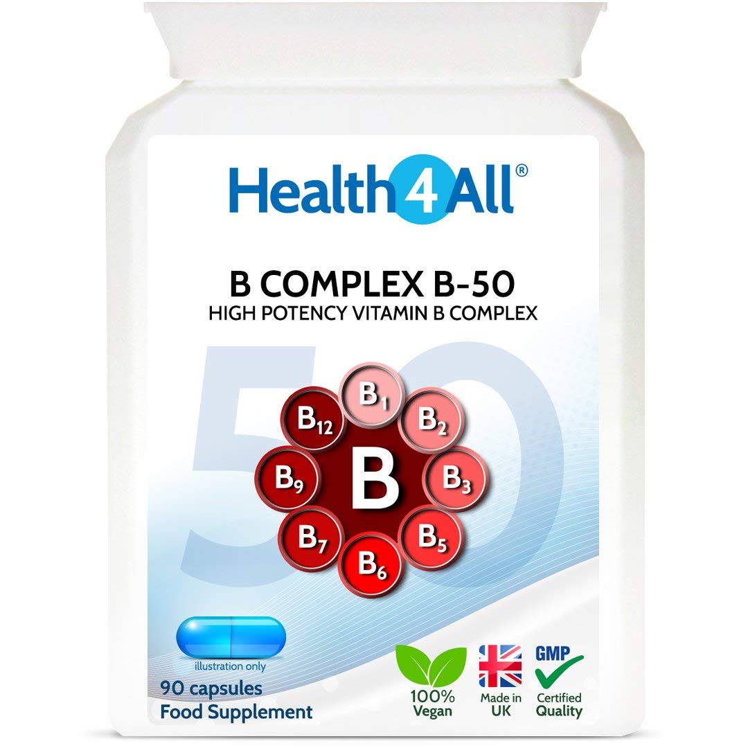 Health4All Vitamin B Complex B-50 90 Capsules (V) (not Tablets) High Potency Vegan B-Complex with PABA. Made in The UK