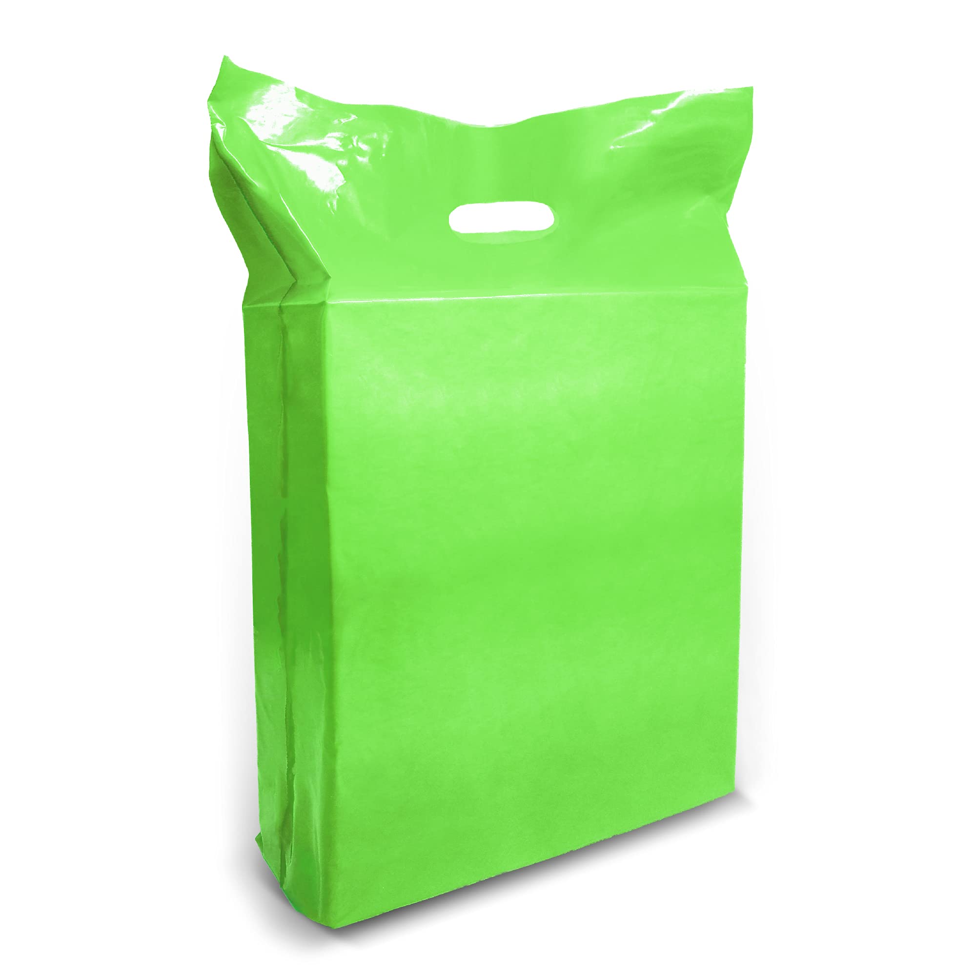 Green Merchandise Plastic Shopping Bags - 100 Pack 15" x 18" 1.25 mil Thick, 2 in Gusset | Die Cut Handles | Perfect for Retail, Party Favors, Birthdays, Parties | Color Green | 100% Recyclable