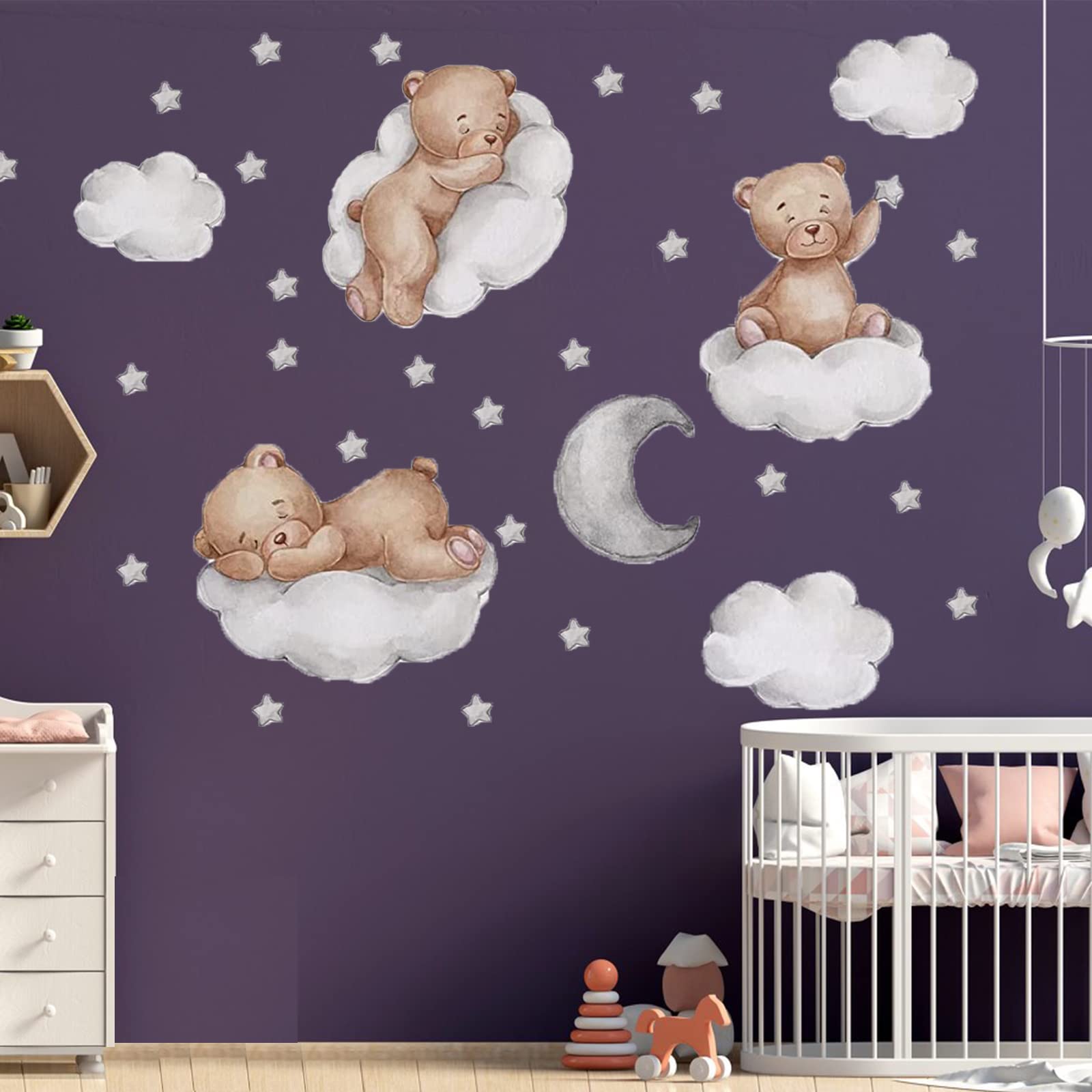 HOMSHIAMTeddy Bear Sleeping on The Moon and Stars Wall Stickers Cartoon Cute Teddy Bear Decals Extra Stars Wall Decor for Kids Baby Room Interior Nursery Teddy Bear Decoration