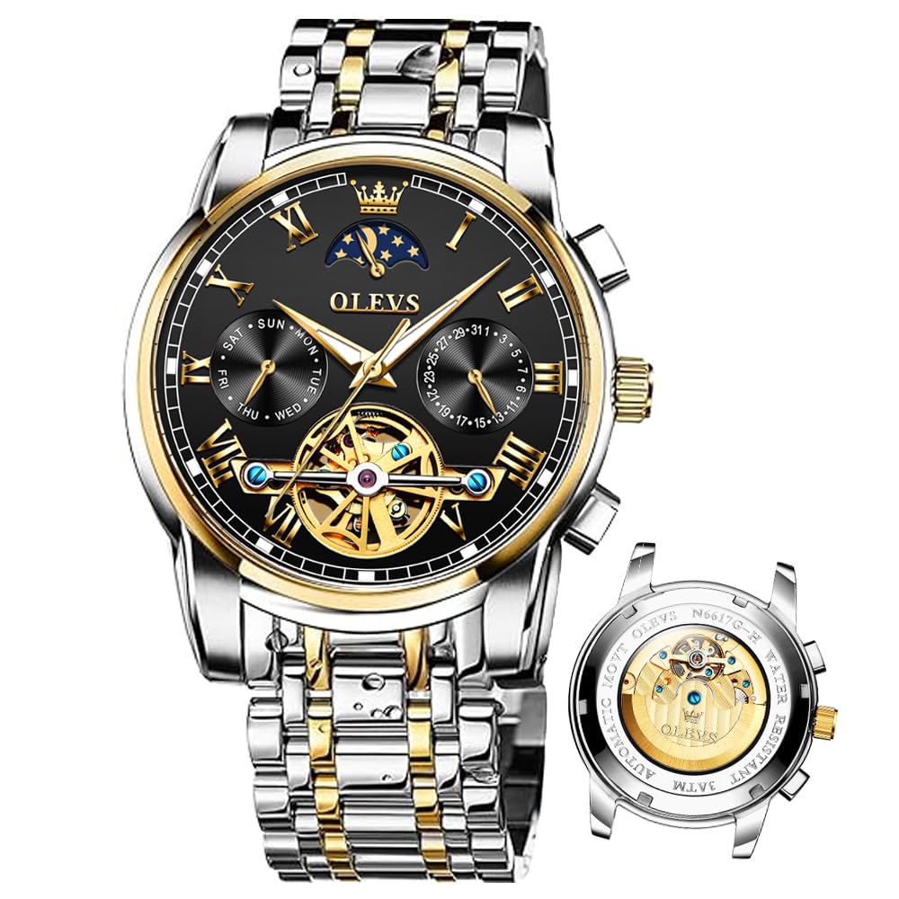 OLEVS Luxury Automatic Watch No Battery Men Mechanical Waterproof Stainless Steel Wrist Watch Tourbillon Skeleton Self Winding Wristwatch Adjustable Bracelet(No Battery Required)