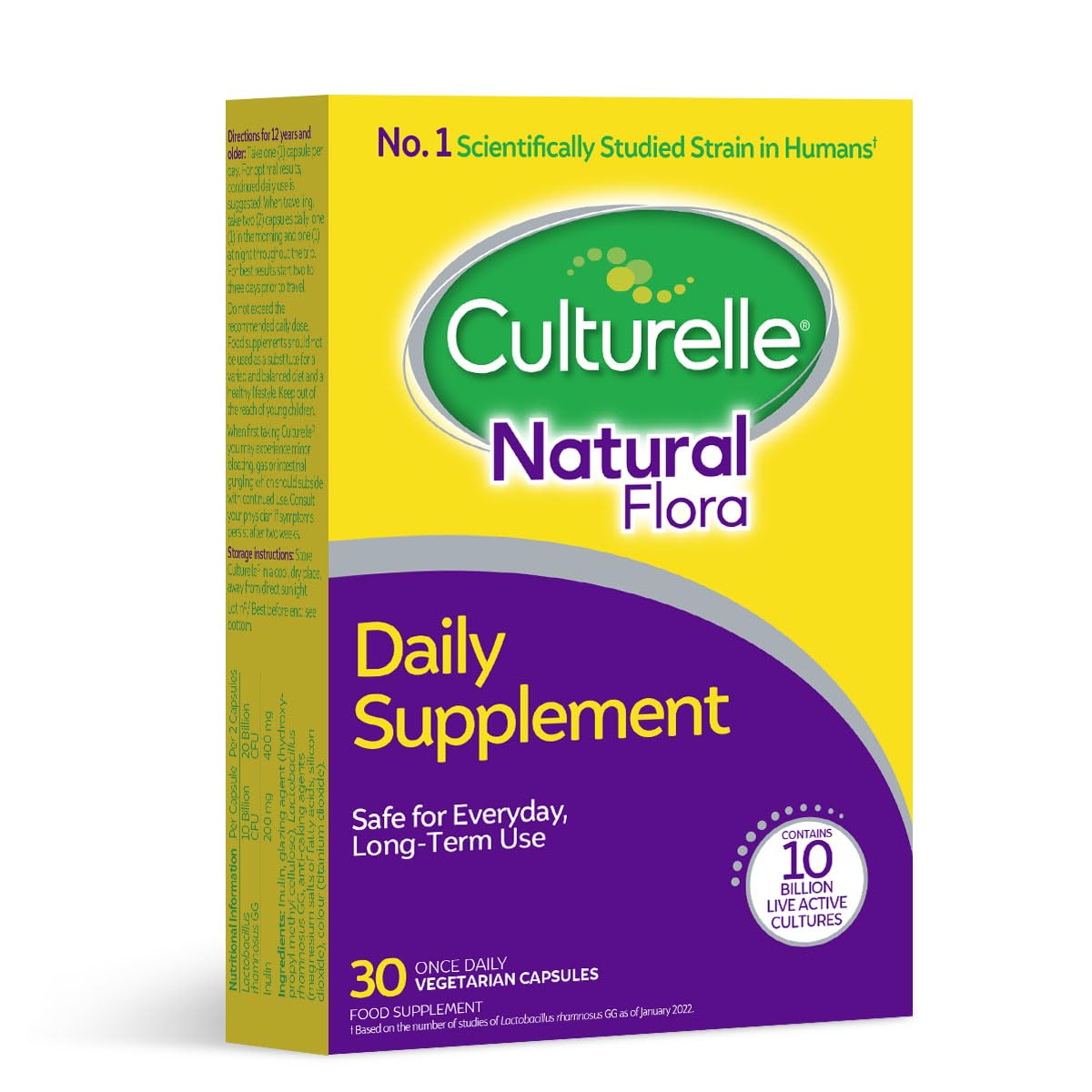 CulturelleNatural Flora – Daily Probiotic Supplement - 30 Vegetarian Capsules - 10 Billion live Bacterial Cultures - Lactobacillus rhamnosus GG strain - Gluten Free