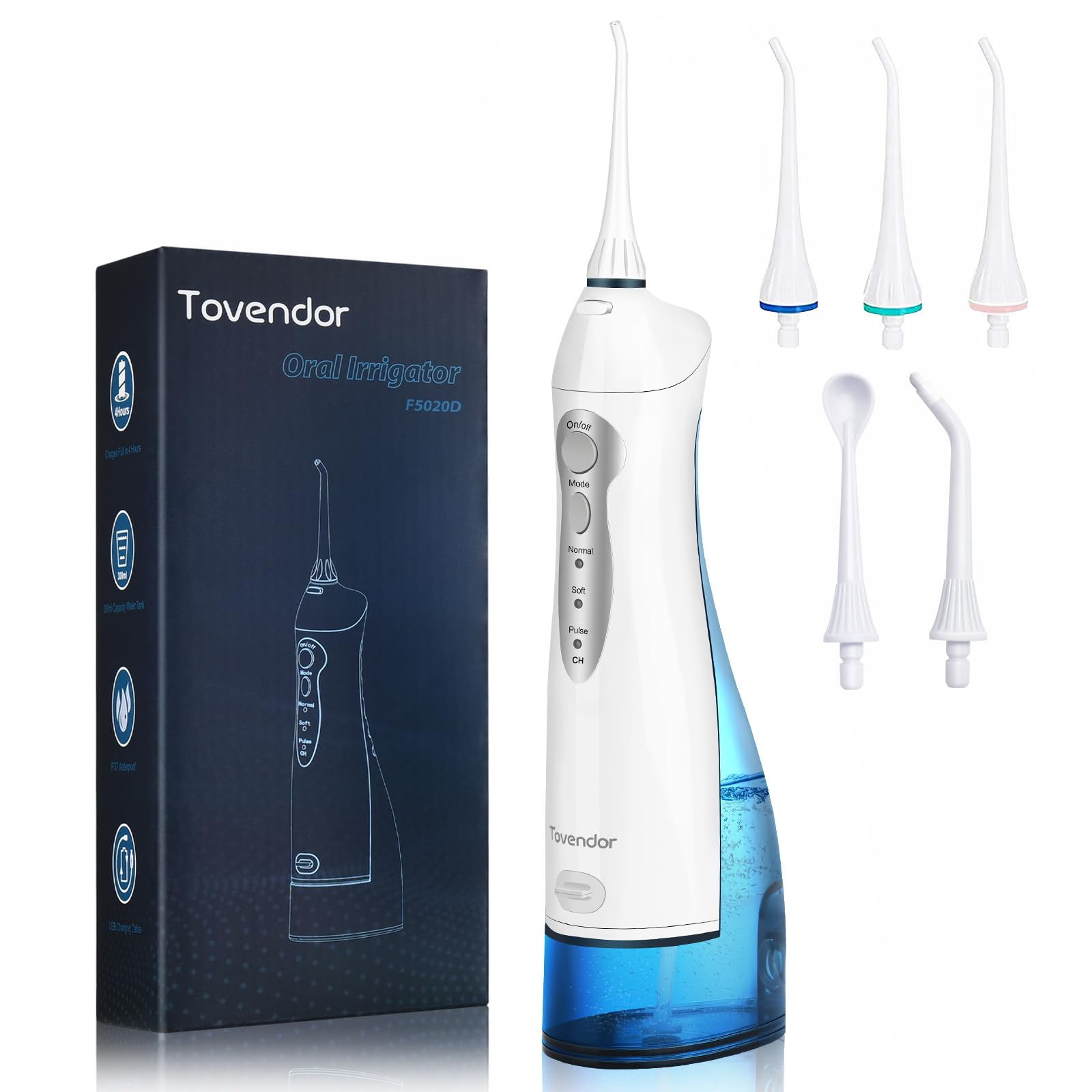 TOVENDOR Electric Water Flosser, Cordless Dental Oral Irrigator - 3 Modes, 5 Tips for Family Hygiene (300ML, Waterproof Waterflosser)