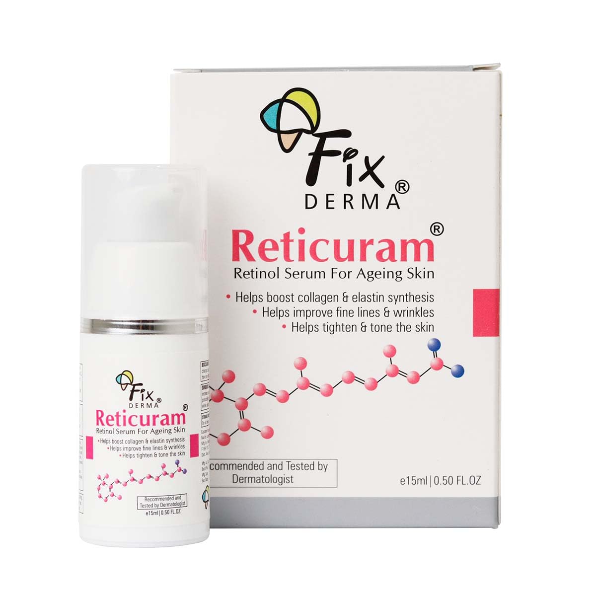 Fixderma .05% Pure Retinol Reticuram Face Serum for Anti Aging, Boost Collagen, Night Face Serum with Retinol & Vitamin C to Reduce Fine Lines & Wrinkles for Unisex - 15ml