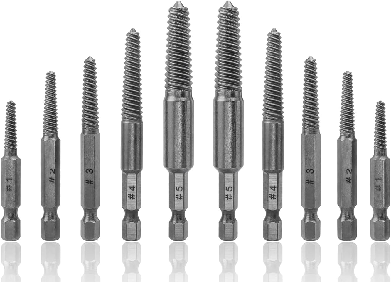 10 Piece Screw Extractor Set High-Speed Steel Easy Out Broken Bolt Removal Kit Damaged and Stripped Screws Remover Water Pipe Screw and Spiral Removing Tool with 1/4" Hex Shank