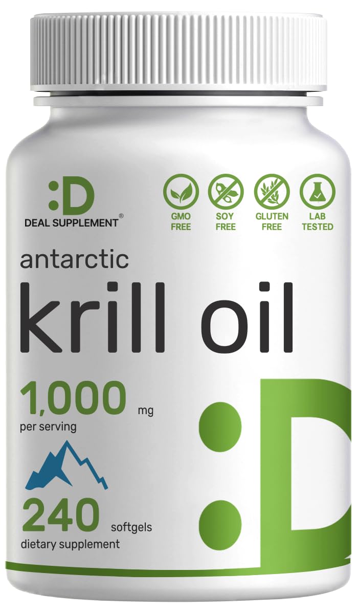 DEAL SUPPLEMENT Antarctic Krill Oil, 1,000mg Per Serving, 240 Softgels – Mercury Free, No Fishy Taste – Rich in Omega-3s, EPA, DHA, Astaxanthin, & Phospholipids – Non-GMO, No Gluten