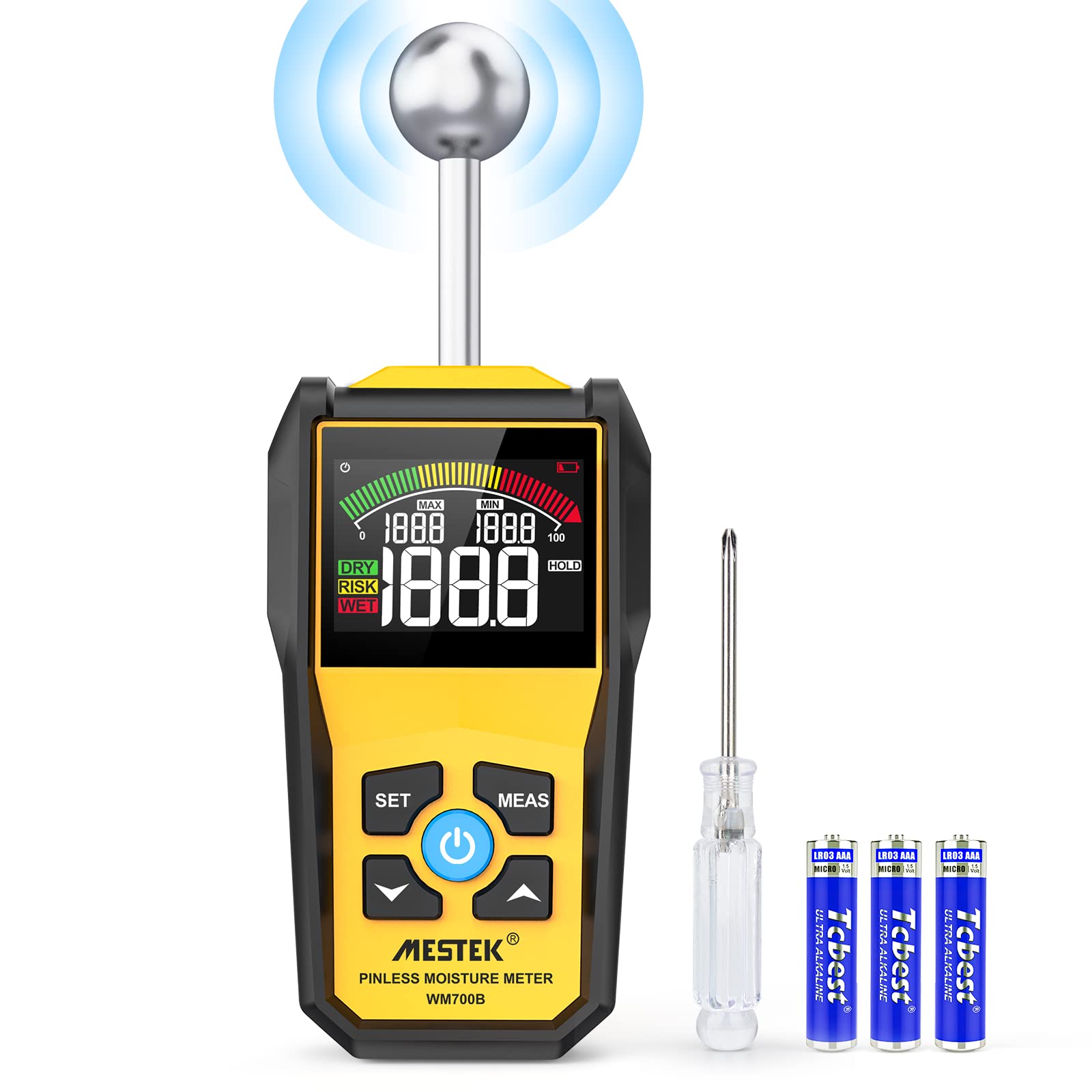 MESTEKPinless Wood Moisture Meters for Non-Destructive Moisture Detector in Drywall, Wood, and Masonry, Backlit Color LCD Display and Alarm Moisture Reader Tester,Detects up to 20-40mm Below Surface