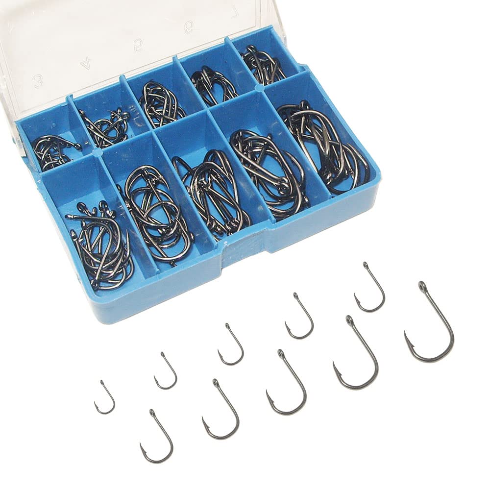 Hyshina Fishing Hooks 100 Pcs High Carbon Steel 10 Sizes Strong Sharp Barbed Circle Fish Hook for Saltwater Freshwater