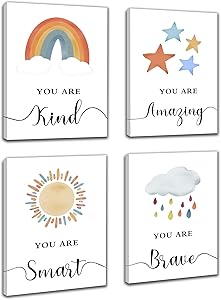 Nursery Inspirational Wall Art Cute Room Decor - Girl’s Room Decor, Rainbow Wall Decor, Cloud Art, Star Hanging Picture（4Pcs, 8x10inch, Framed）