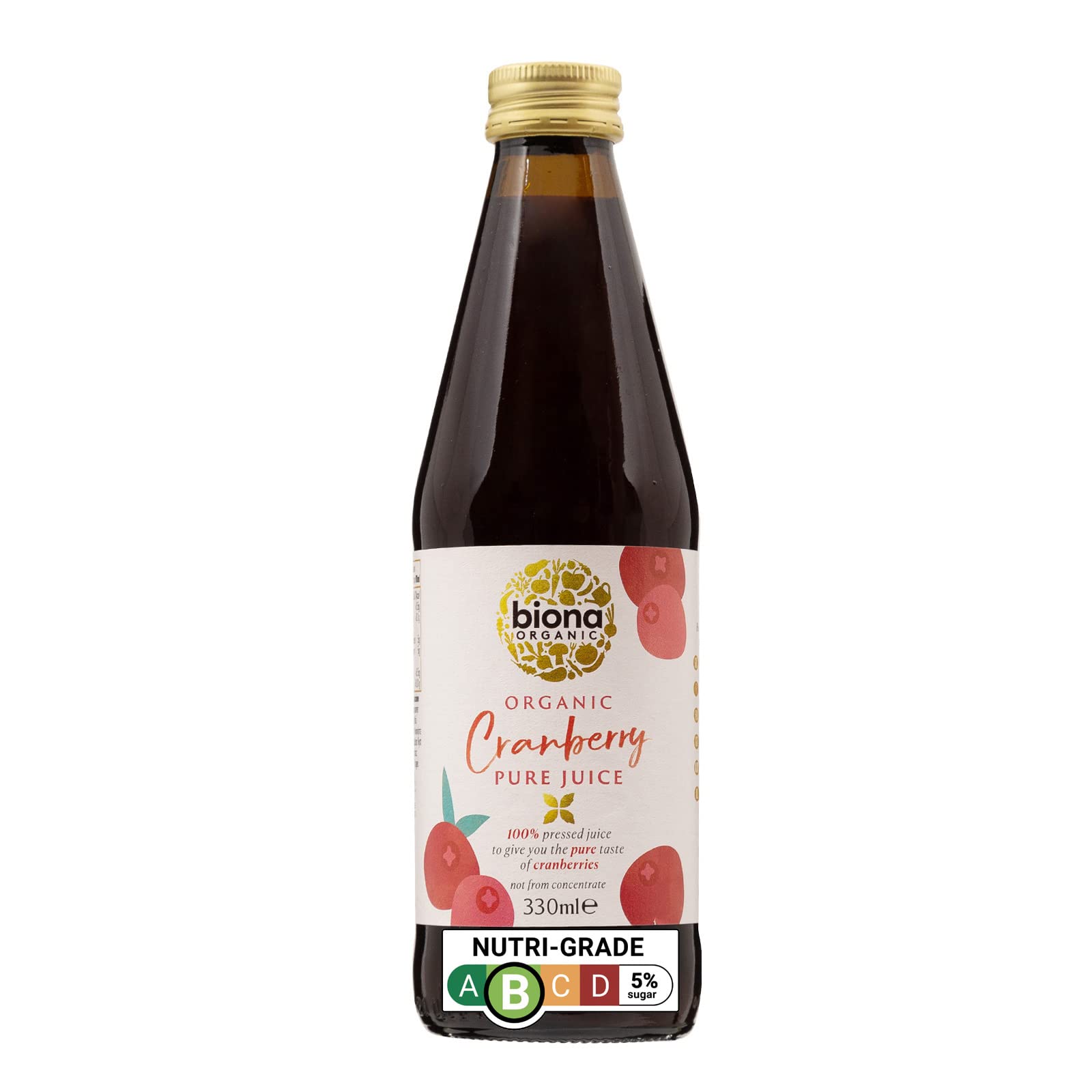 BionaOrganic Cranberry Juice 330 ml - Pure, Pressed Fruit Juice - Freshly Harvested by Organic Farmers - Free from Preservatives, Sugar & Sweetener - Not from Concentrate