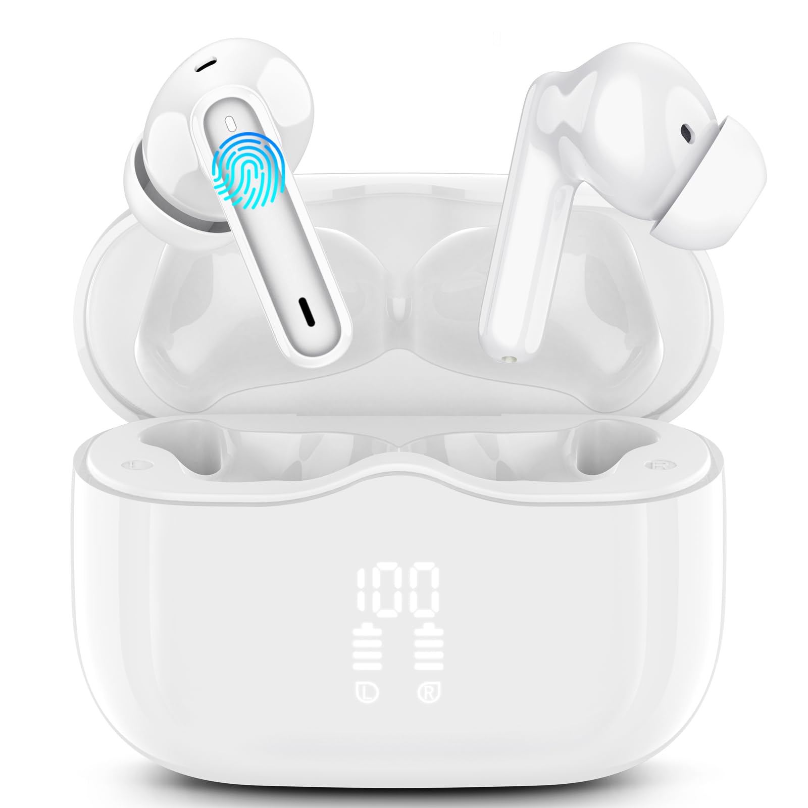 Wireless Earbuds, Bluetooth 5.3 Headphones in Ear with HiFi Stereo Deep Bass, 4 ENC Noise Cancelling Mic Wireless Earphones 40H Playtime, in-Ear Earbud Bluetooth Dual LED Display IP7 Waterproof, White