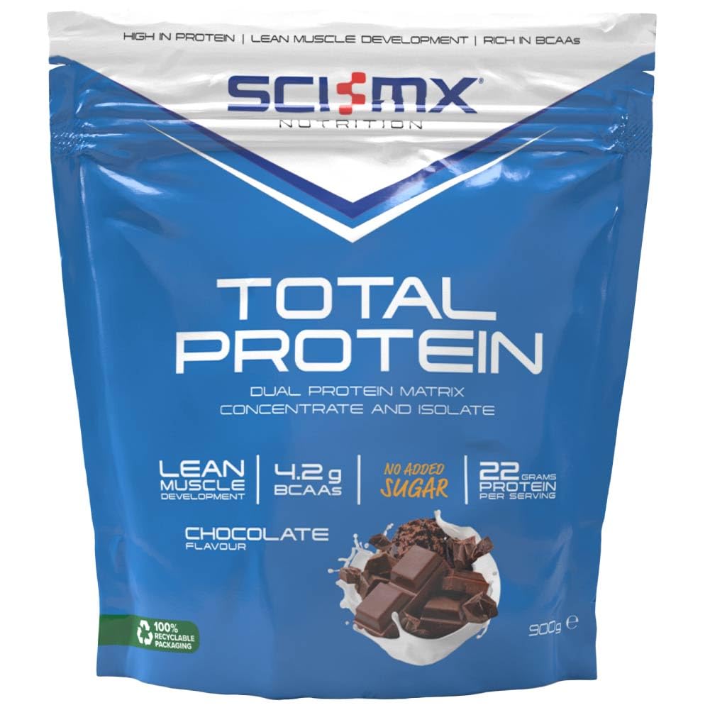 SCI-MX Total Protein - Dual Protein Concentrate & Isolate Protein Powder - Lean Muscle Development - Chocolate • No Added Sugar • 4.2g BCAAs + 22g Protein per Serving • 900g