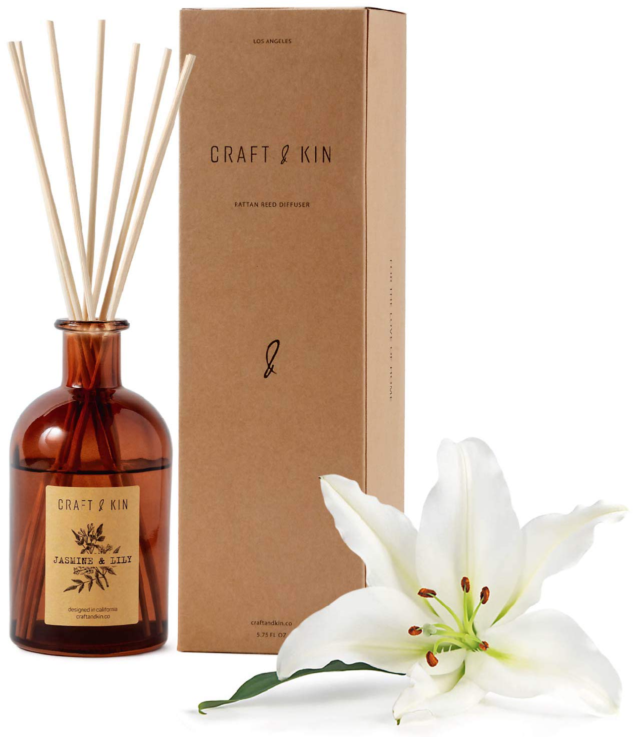 Craft & Kin Jasmine & Lily scented scented scented sticks with 8 rattan reed sticks, natural essential oil and elegant amber glass vase (163 ml), provides constant fragrance.…