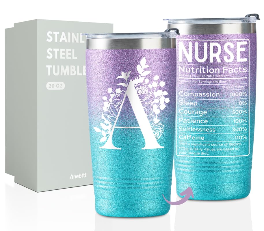 OnebttlNurse Gifts for women Personalized Gift, Stainless Steel Tumbler With Lid and Straw - Initial A, BST-NurseIni-20OZTUM-A