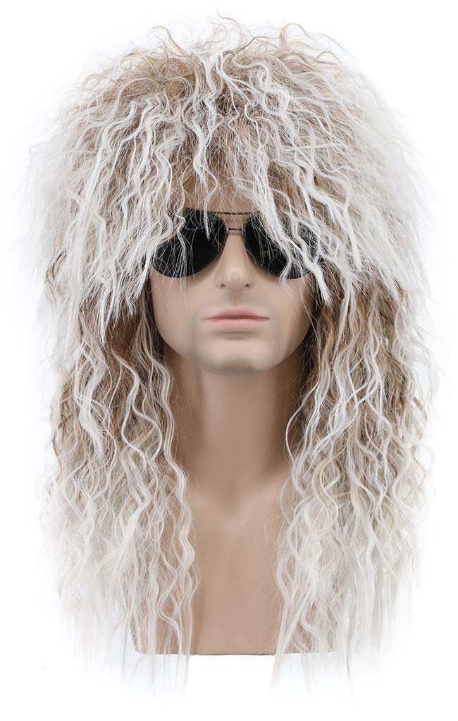 karleryMen and Women Long Curly Brown Gradient White Wig 70s 80s Rocker Mullet Party Funny Wig Costume Wig