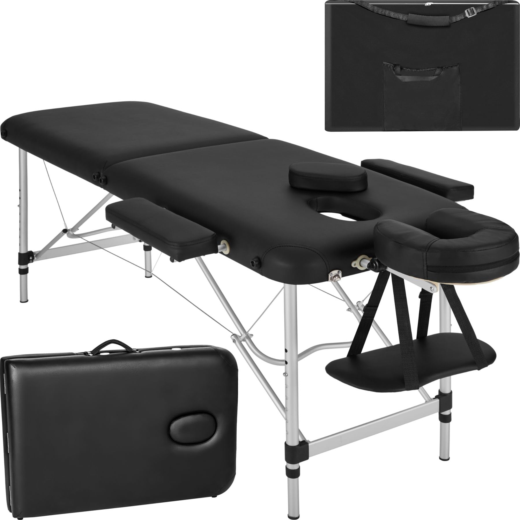 tectake Massage Table 2 Zones Massage Table Folding Height-Adjustable Aluminium Massage Table Portable Massage Bench with Accessories, Aluminium Headrest, Armrest and Carry Bag - Black