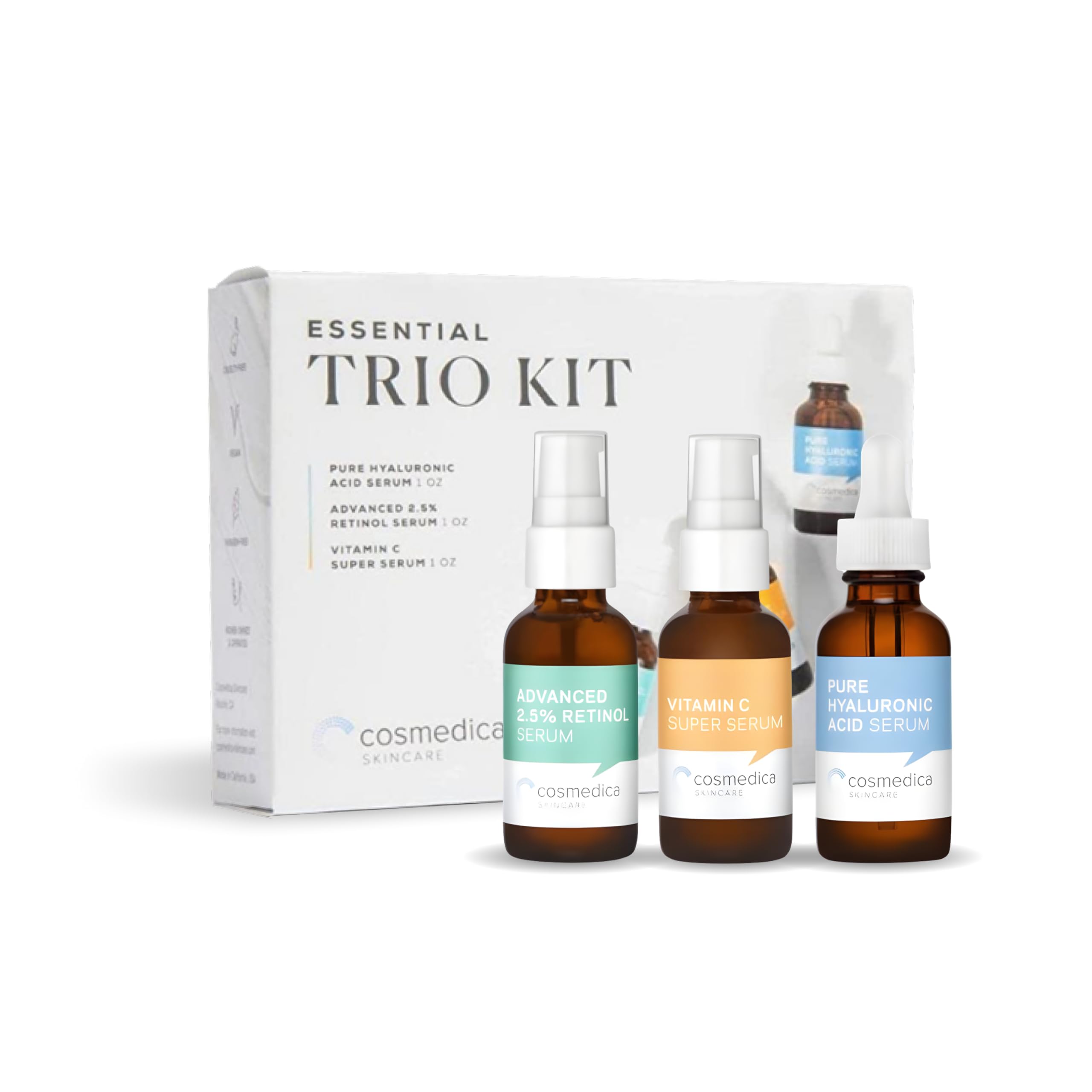 Cosmedica Skincare Facial Serum Trio Set Value for Clear Skin - Vitamin C Super Serum, 2.5% Retinol Serum, Pure Hyaluronic Acid Serum – Vegan, Cruelty-Free Skincare 3 pack