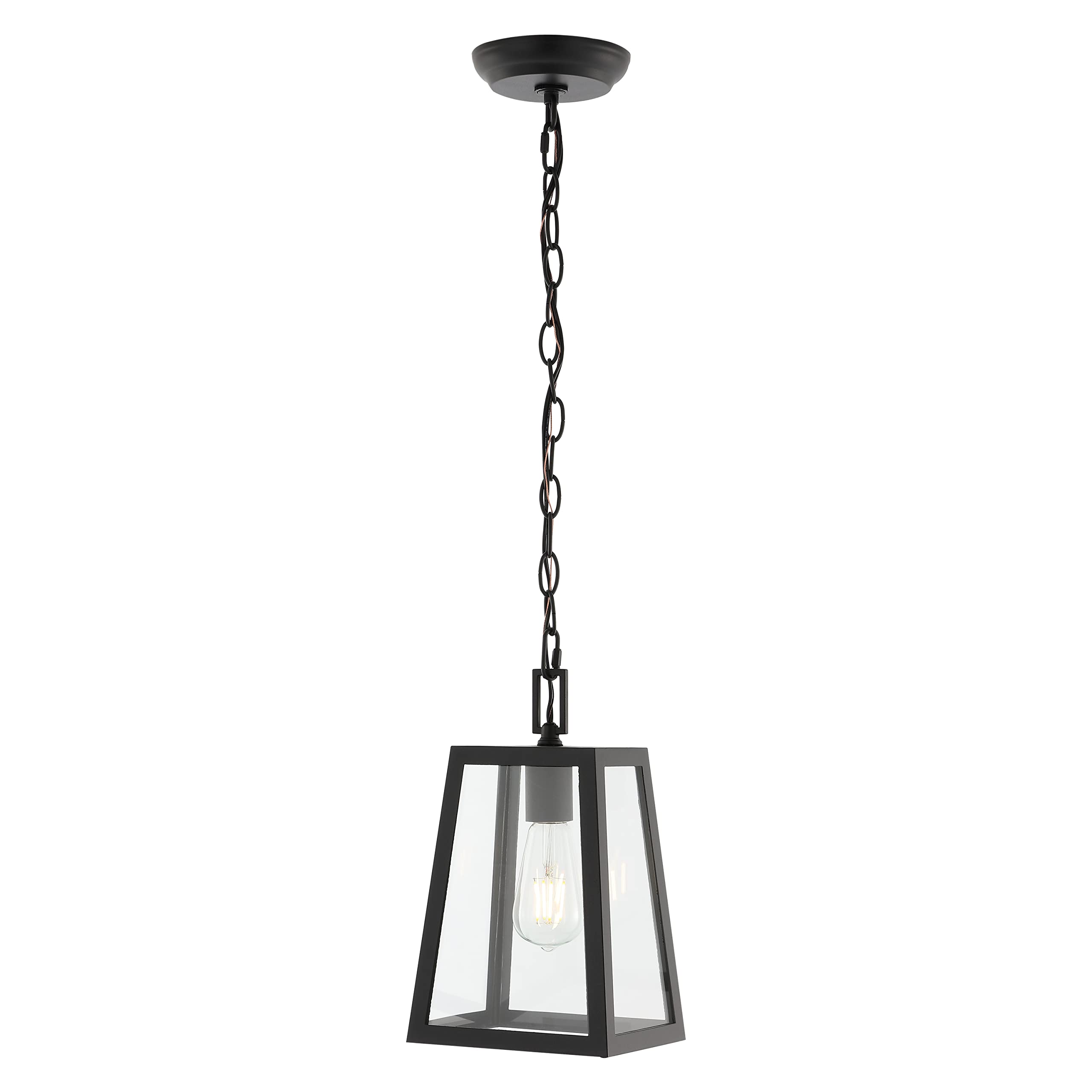 JONATHAN YJYL2402A Glendale 6.75" 1-Light Farmhouse Industrial Iron/Glass Outdoor LED Pendant Minimalist, Vintage, Classic Rattan 180" Cord Plug-in or Hardwired Bedroom Living Room, Black/Clear