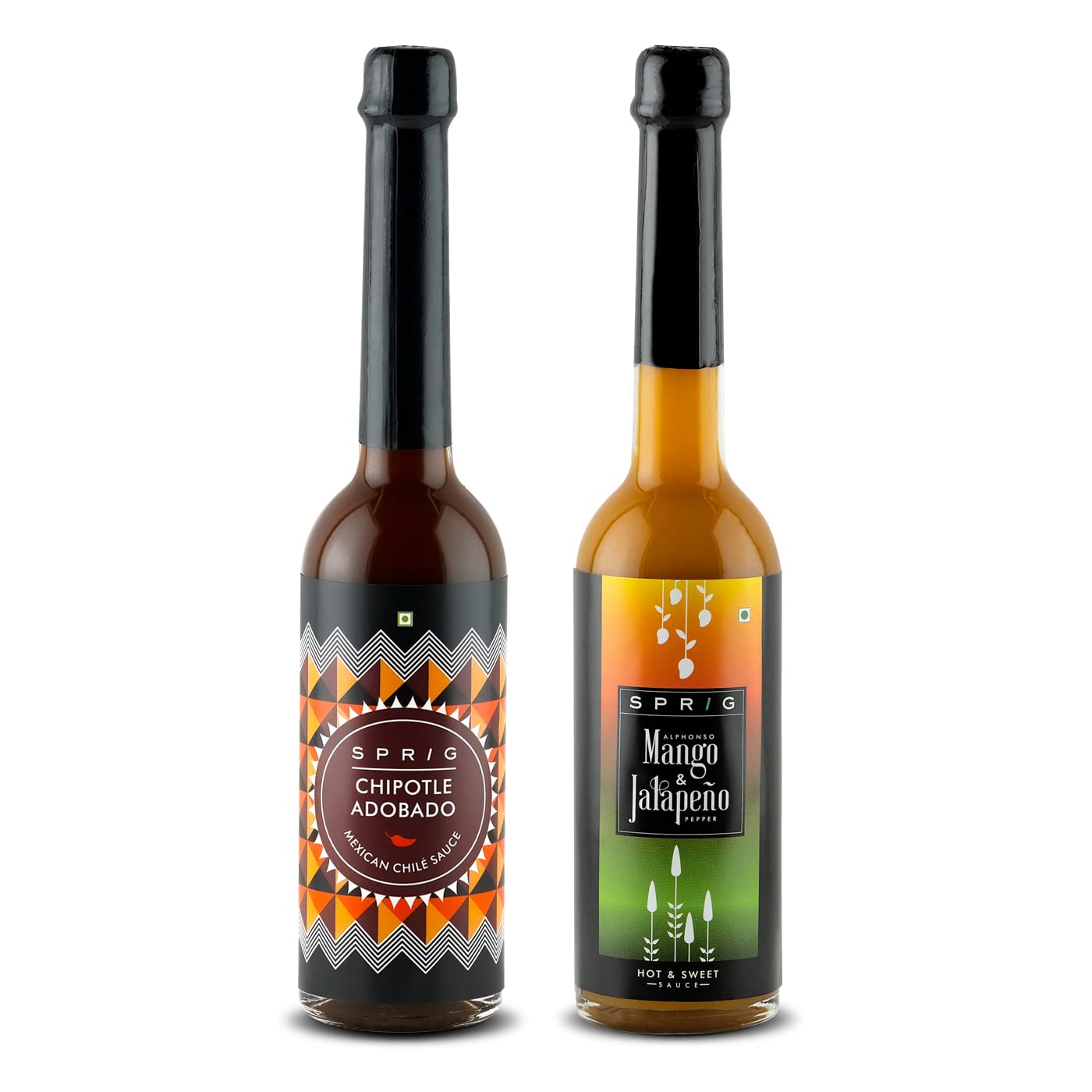 Sprig Hot Sauce Combo | Mango Jalapeno and Mexican Chipotle Adobado | Use as Condiment, Marinade or Dip | No Artificial Flavours or Colours | Use with Pizza, Chicken Wings, Salads & Snacks