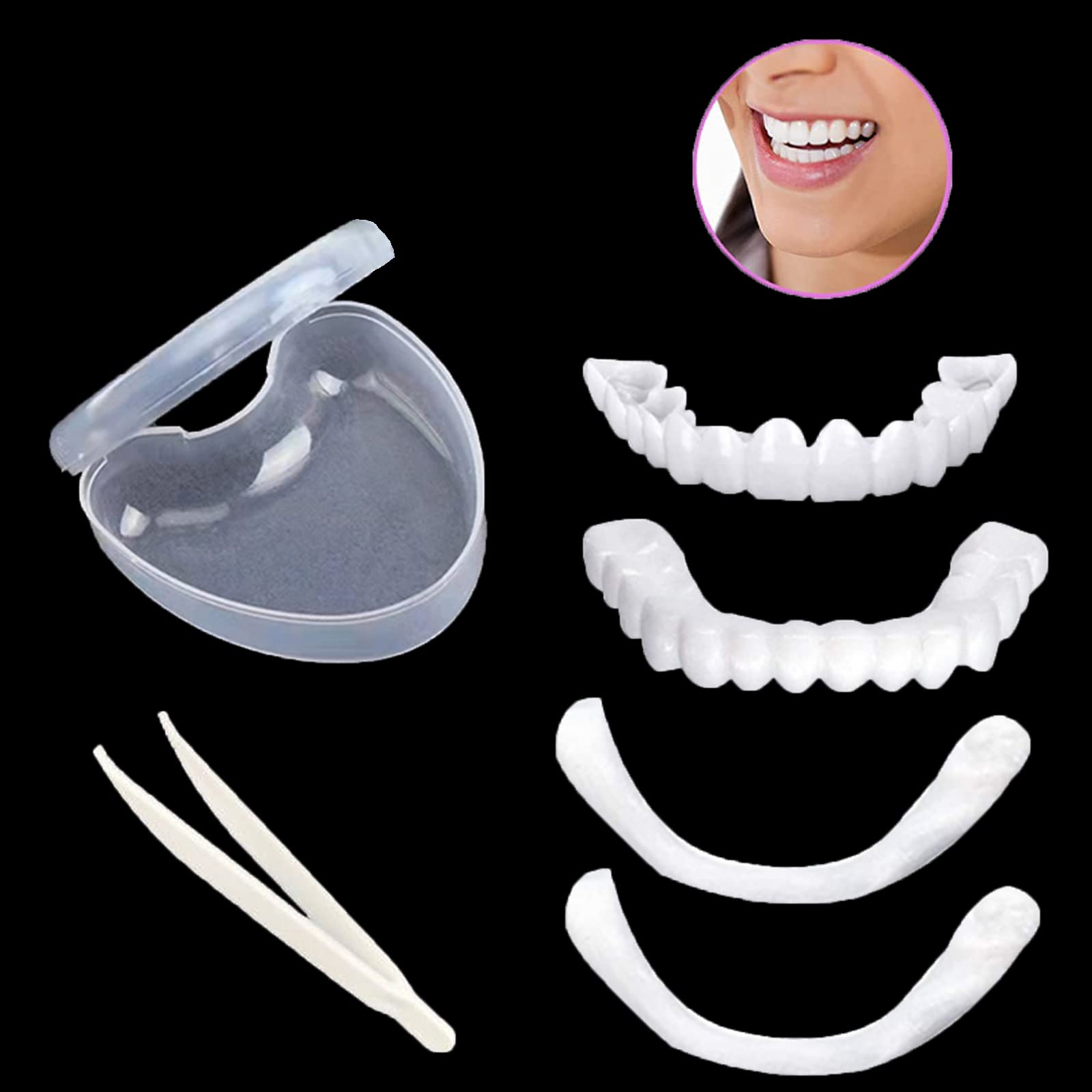 1Set Dentures Veneers Tooth,Dental Care Kits for Anti Molar Orthodontic Cosmetic Teeth,Smile Snap Tooth.(White,1Top+ 1Bottom+2Adhesives+1Tweezers+1Heart-Shaped Storage Box）