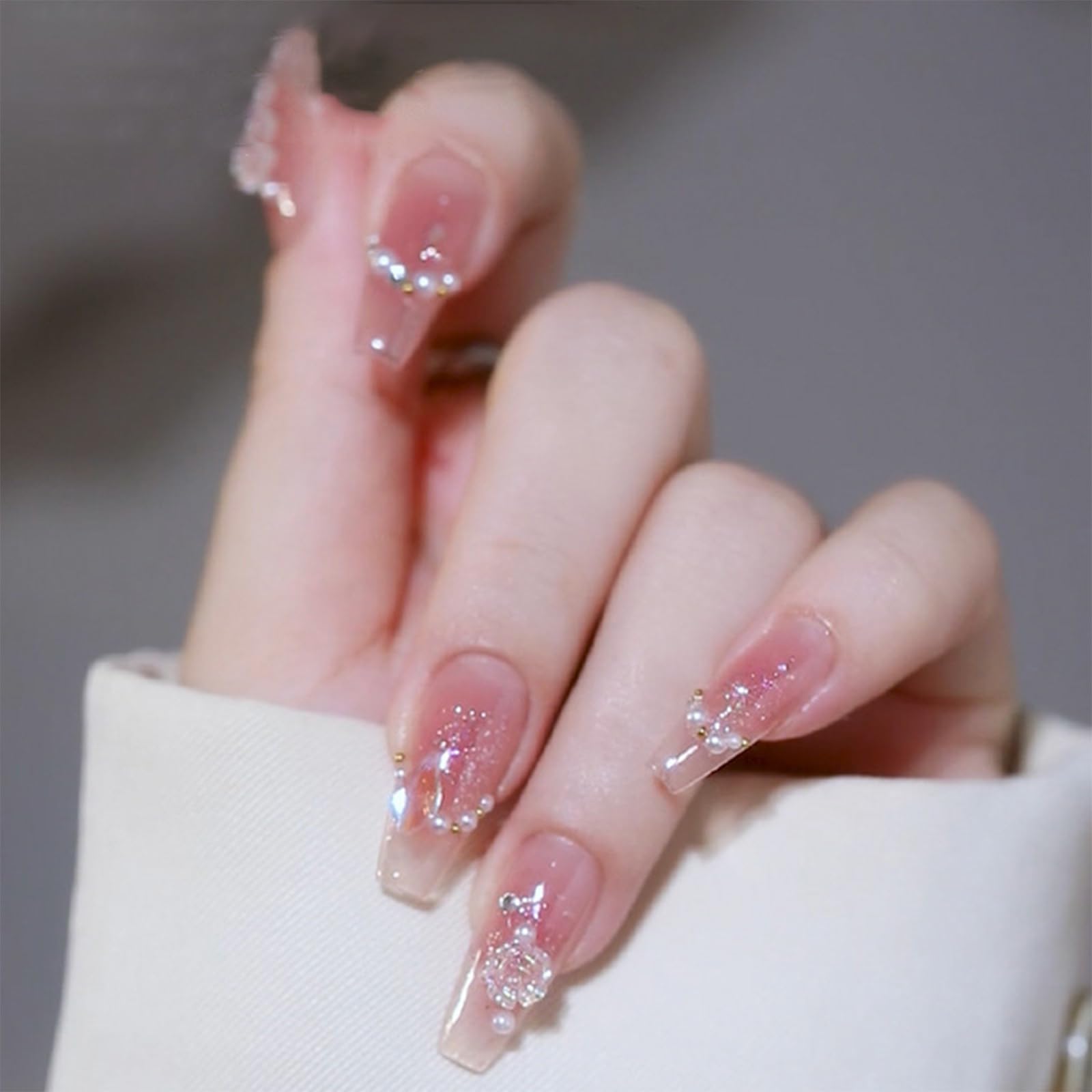 French Tip False Nails - 24pcs Press On Nails Long - Ice-Soaked Blush Camellia False Nails With Glue Long Coffin Shaped Elegant French Ballet Luxury Design Fake Nails