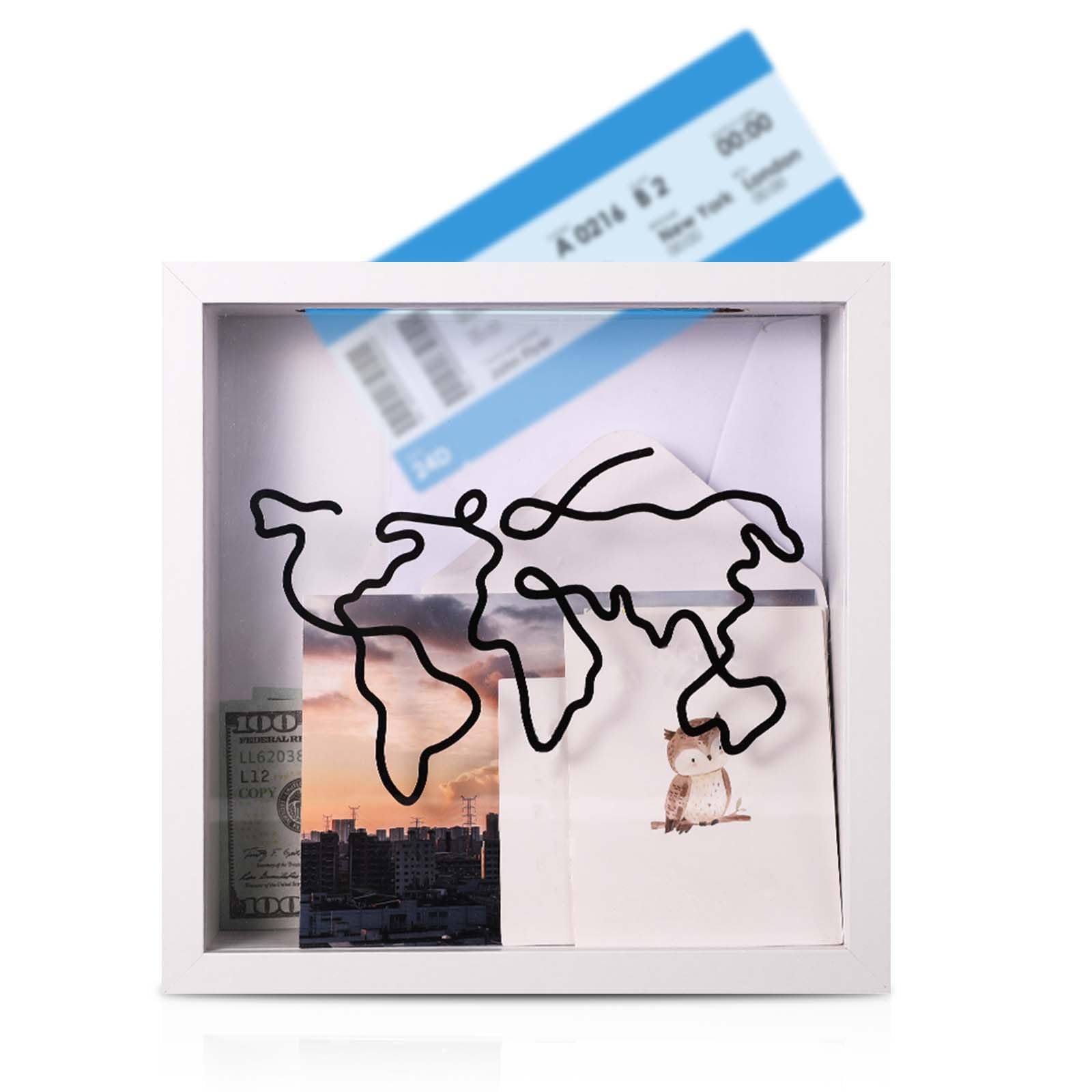 Adventure Archive Box, 8 x 8 inch White Map Wooden Travel Memory Box Top Loading Display Picture Frame Ticket Holder Shadow Box with Slot for Keepsake Concert Movie Theater Sporting Event Ticket Stubs