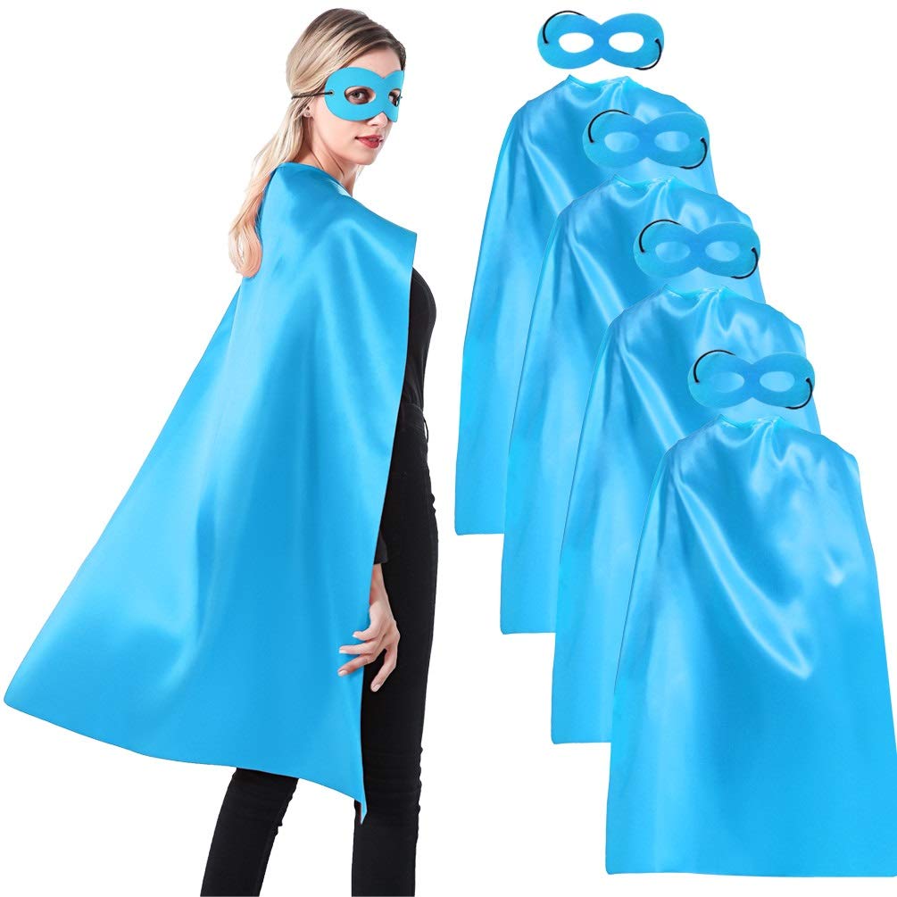 Superhero Capes and Masks for Adults Light Blue - 5 Bulk Pack for Men & Women - Dress Up Superhero Party Costumes for Team Building