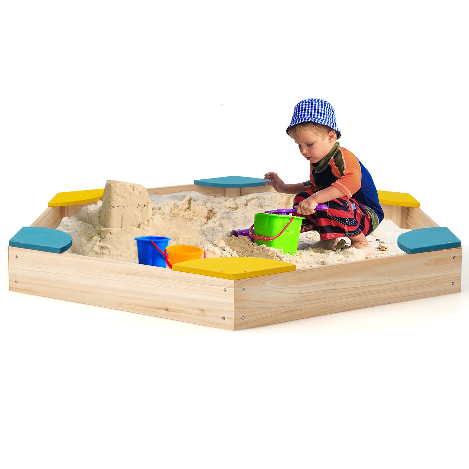 COSTWAYKids Wooden Sandpit, Children Sandbox with Built-in Seats and Bottomless Structure, Garden Backyard Sand Play Station for Aged 3+ (6 Seats)