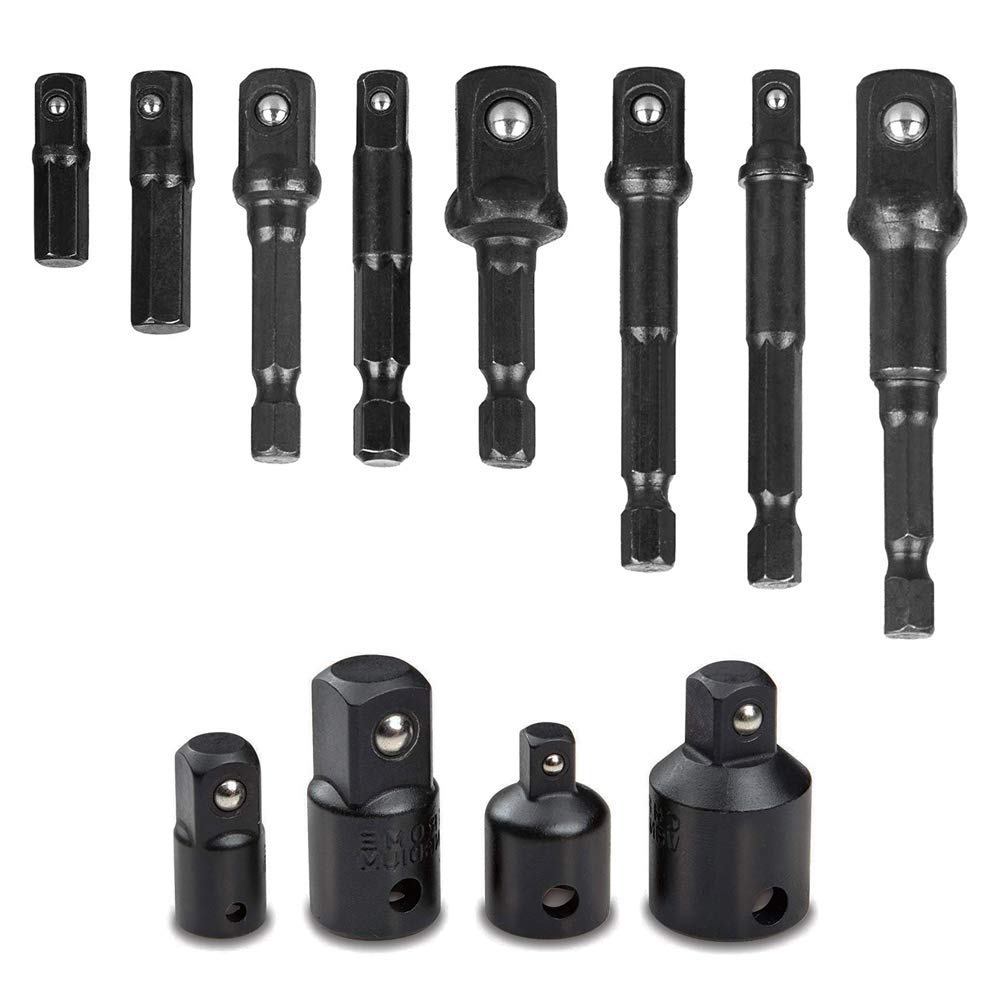 12 in 1 Impact Socket Adapter Hex Square Nut Driver Adaptor Power Drill Extension Bit and 4pcs CR-V Impact Adapter and Reducer Set 1/4 3/8 1/2 Inch Drive