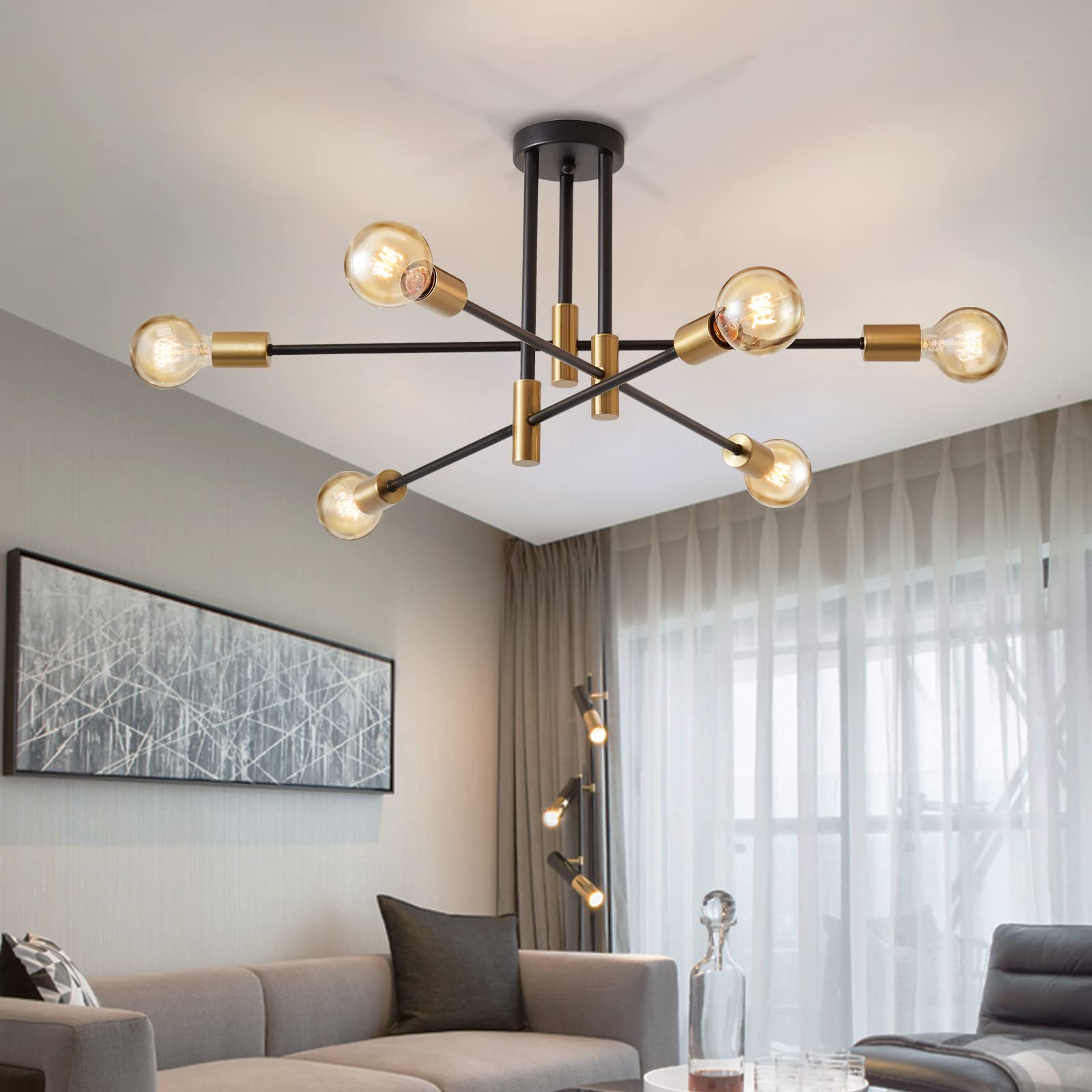 Lightess Ceiling Lights Modern Sputnik Chandelier 6 Lights E27 Socket, Max 40w, Semi Flush Mount Spot Lights Metal Black Gold Pendant Light for Bedroom Living Room Office (Not Include Bulb) [Energy Class G]