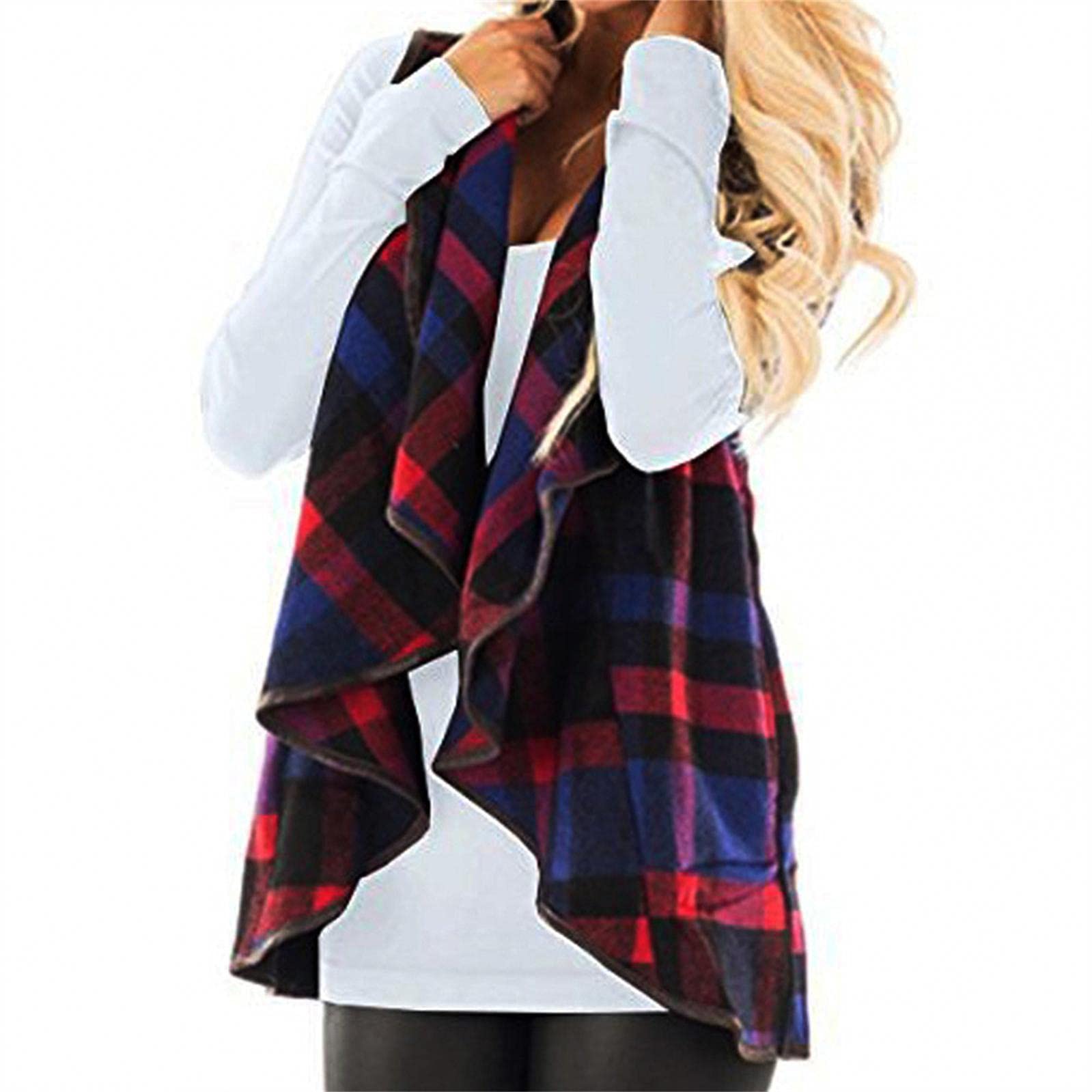 CenlangWomens Casual Lapel Open Front Plaid Vest Cardigan Coat Ruffle Trim Sleeveless Gilet Jacket Waistcoat with Pockets