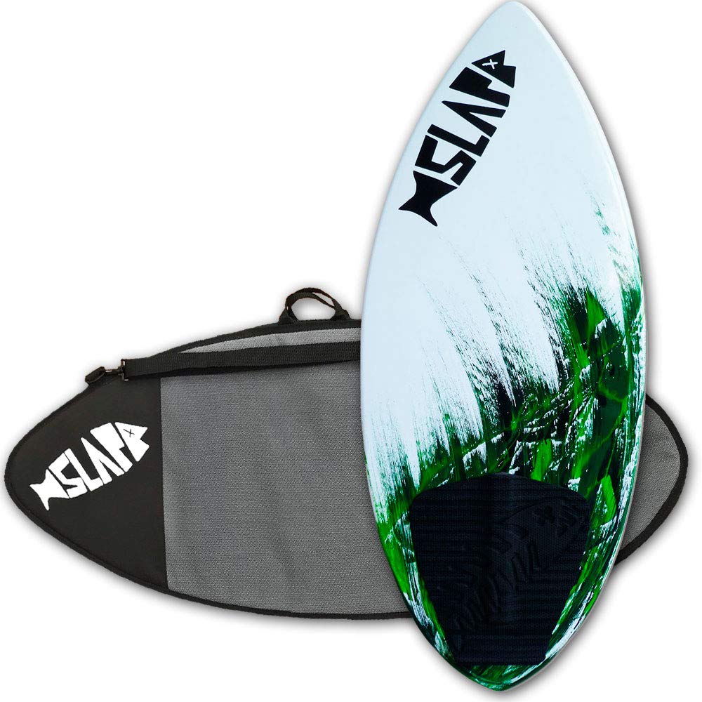 USA MADE Slapfish Skimboard - Fiberglass & Carbon - Riders up to 200 lbs - 48" with Traction Deck Grip - Kids & Adults - 4 Colors (Green + Board Bag)